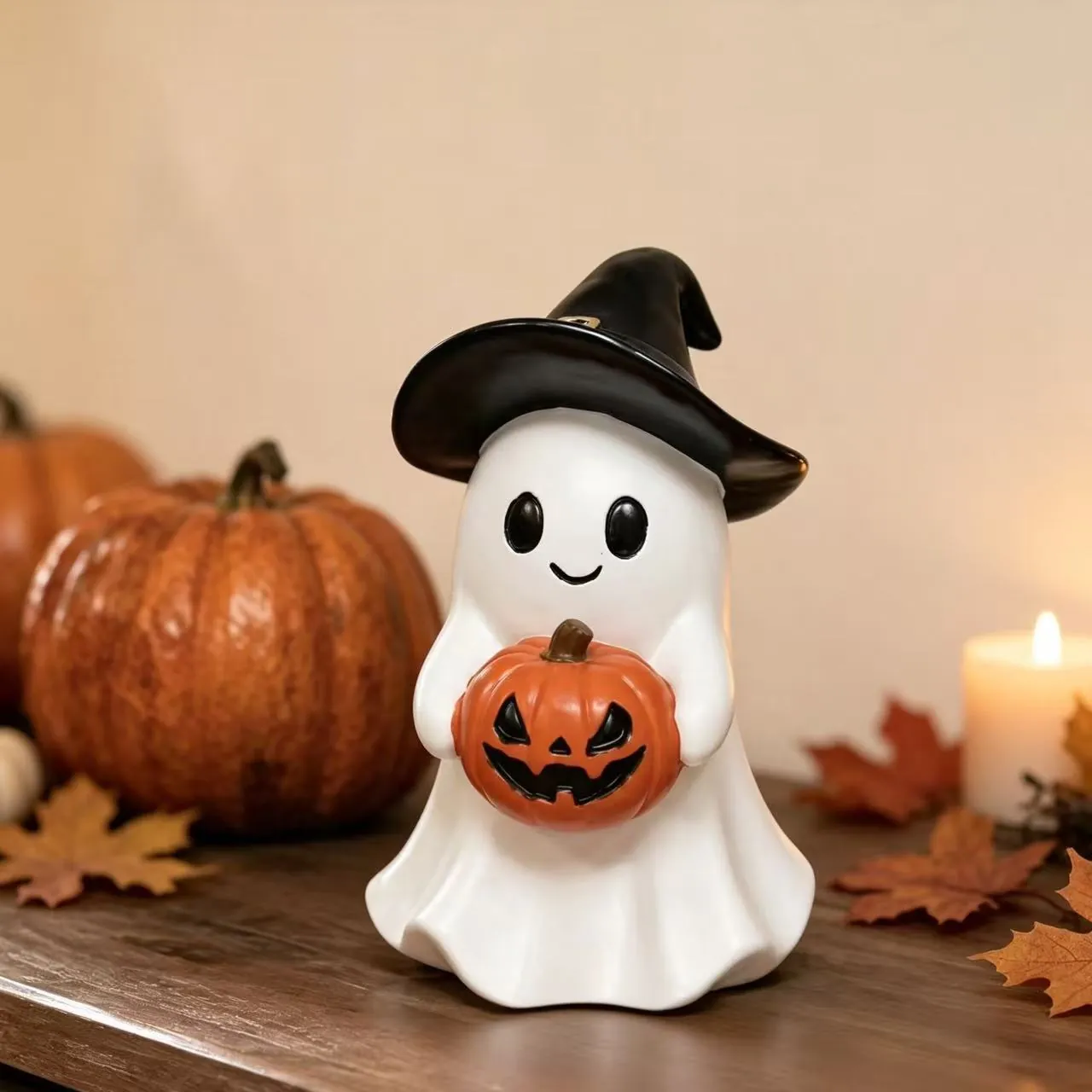 Halloween Ghost Pumpkin Resin Ornament Witch Hat Led Night Light Candlestick Desktop Decoration Spooky Festive Decor