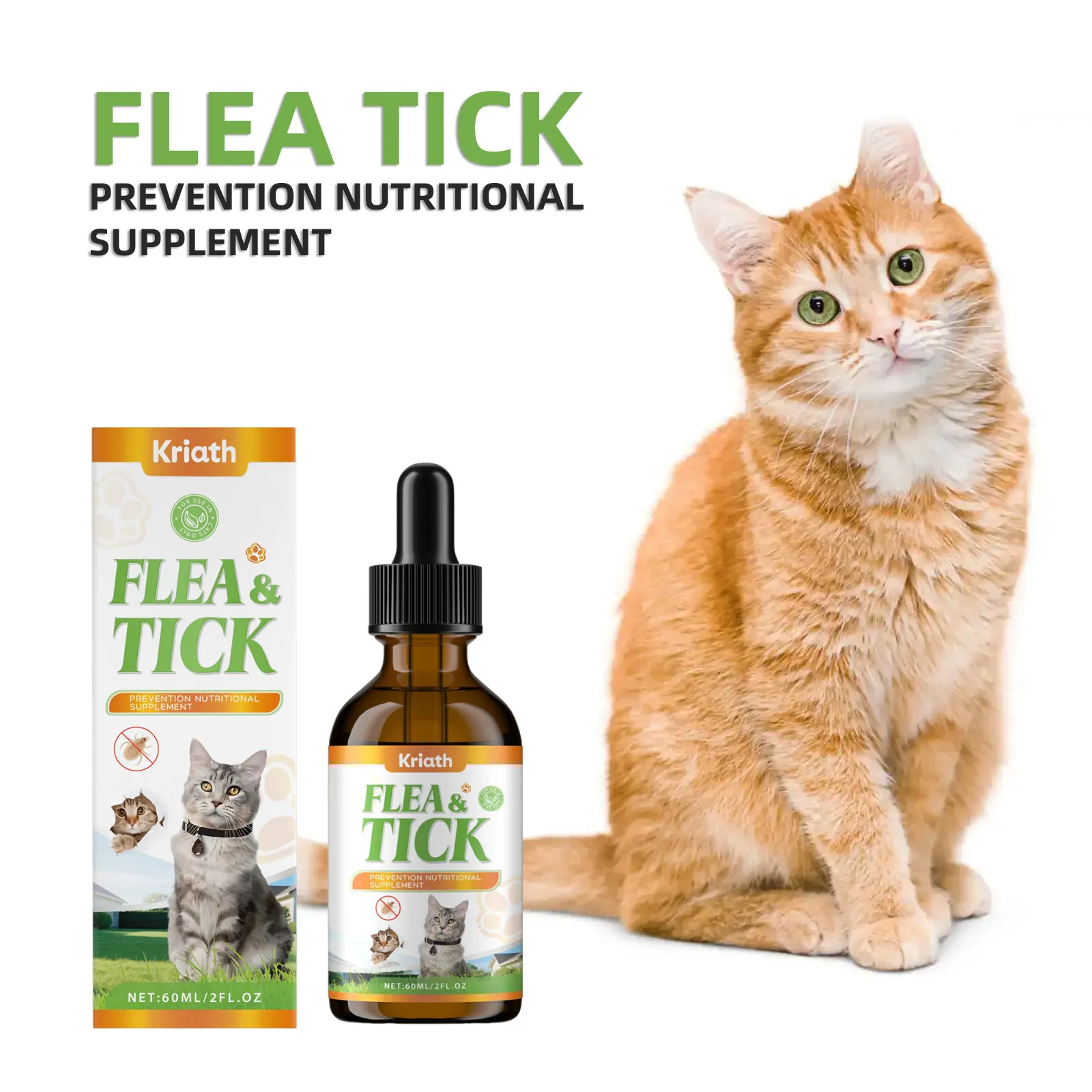 Kriath Cat Flea And Tick Prevention Drops 60ml Natural Herbal Body Care Supplement Immune Support Cleaning Liquid For Cats