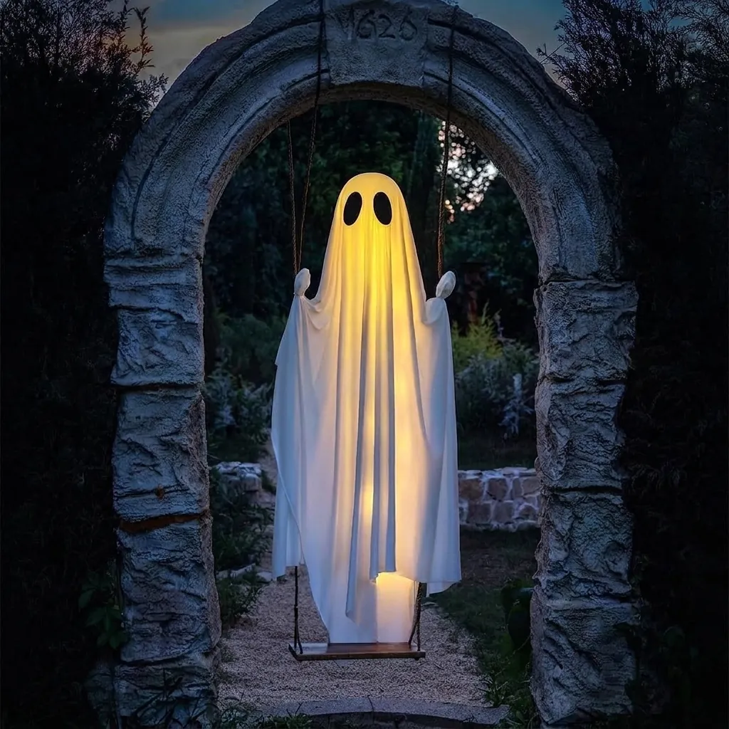 Large Halloween Glowing Hanging Ghost Wooden Swing Spooky Outdoor Porch Yard Decoration Remote Control White Ghost Prop
