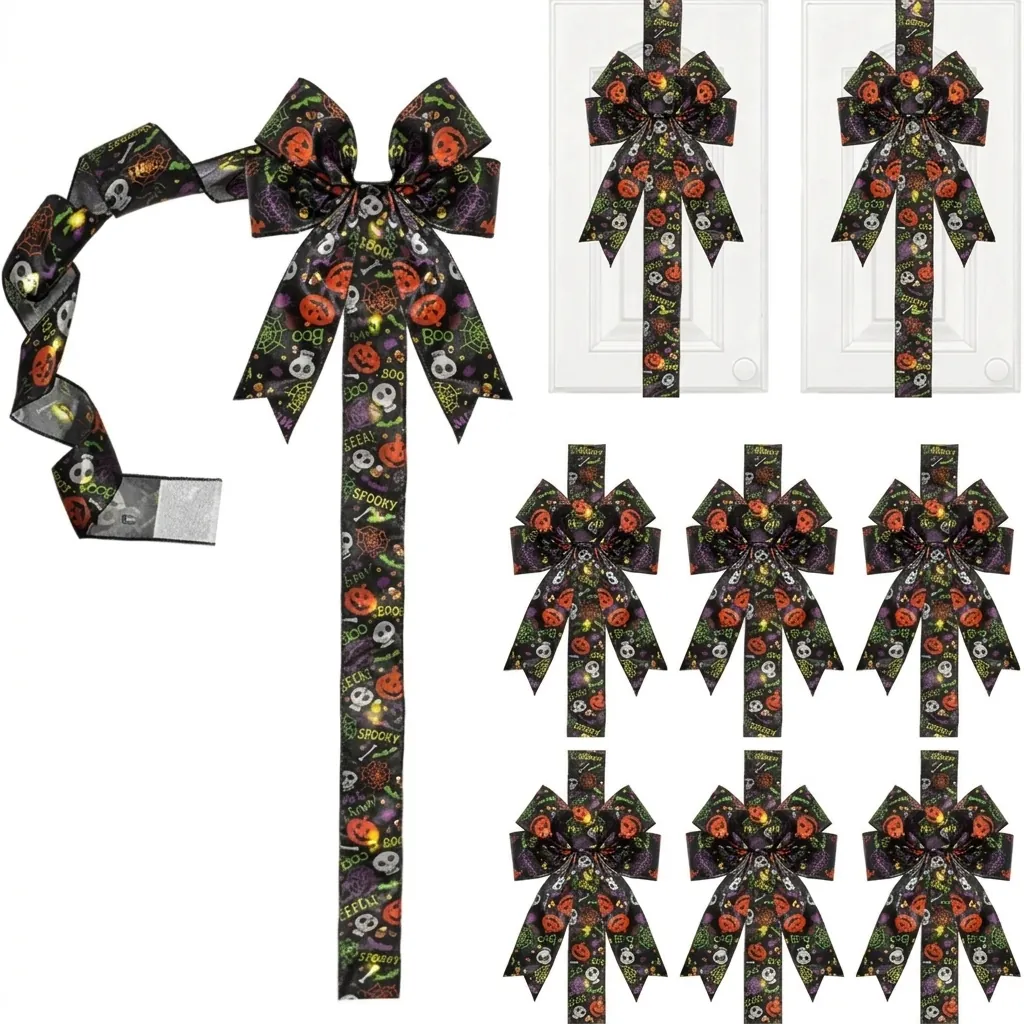 Halloween Schrank Schleife Deko Set Kürbis Geist Muster Polyester Band Drahtkante Festliche Haus Küche Schrank Dekoration