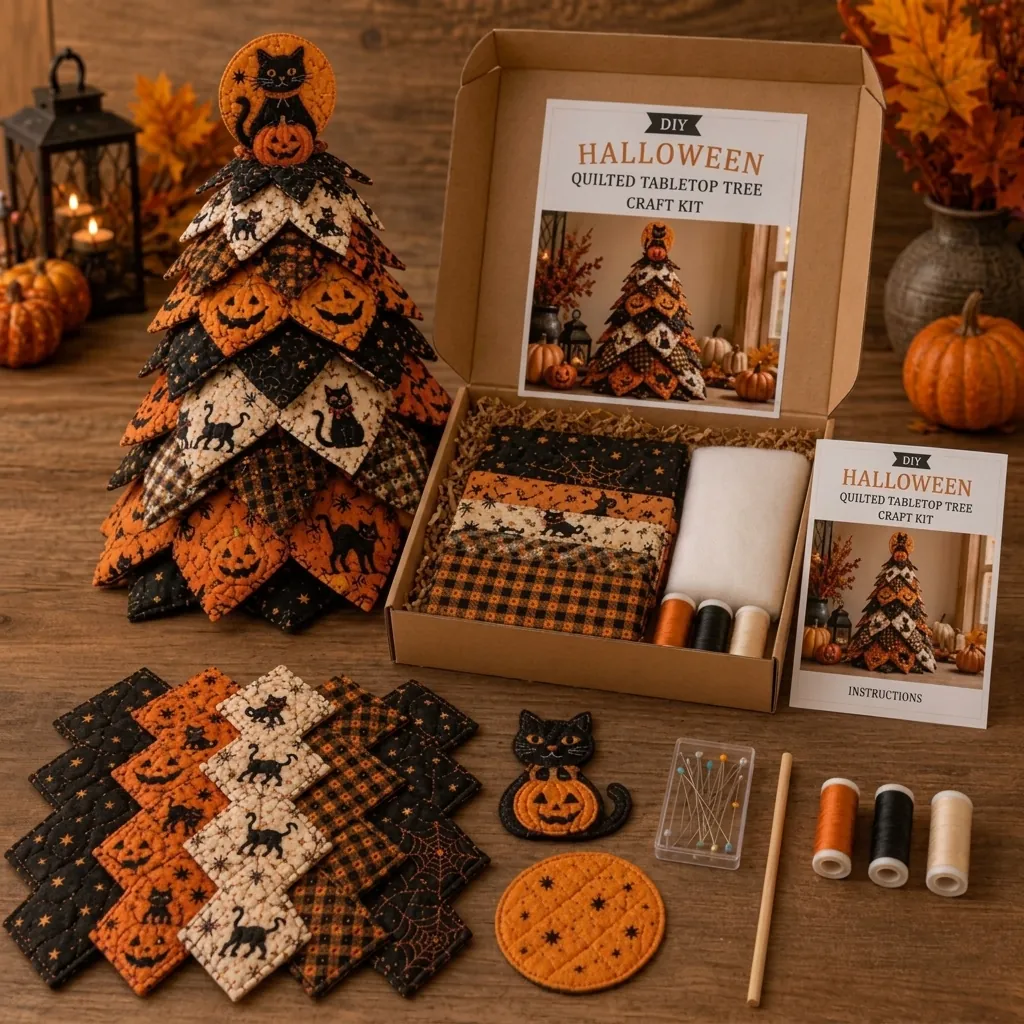 Ornement Arbre en Tissu Matelassé Halloween Fait Main Décoration de Table Patchwork Coton Motif Citrouille Fantôme Chauve Souris