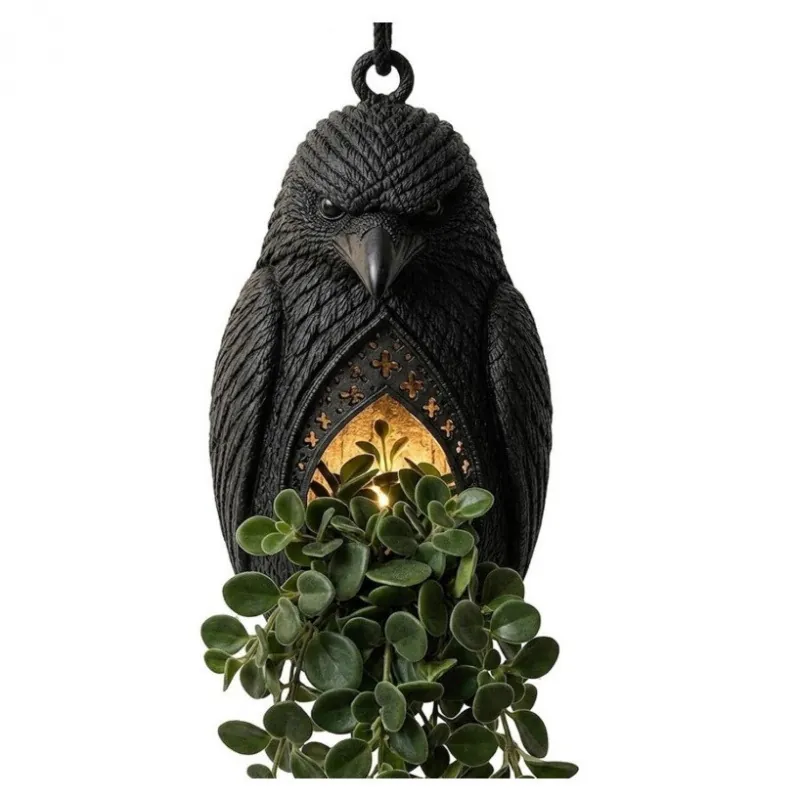 Lanterna Fioriera Sospesa Corvo Gotico di Halloween Scultura in Resina con Luce LED Decorazione per Giardino e Patio Ornamento Luminoso