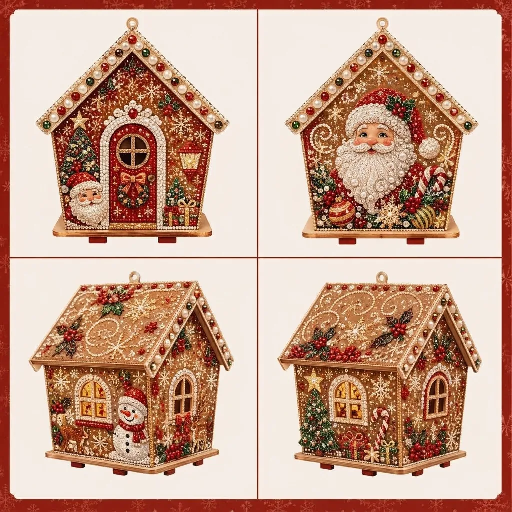 Kit Maison de Noël DIY Art de Perles Ornement Festif en Bois Peinture Strass Décoration Maison Cadeau de Vacances Père Noël