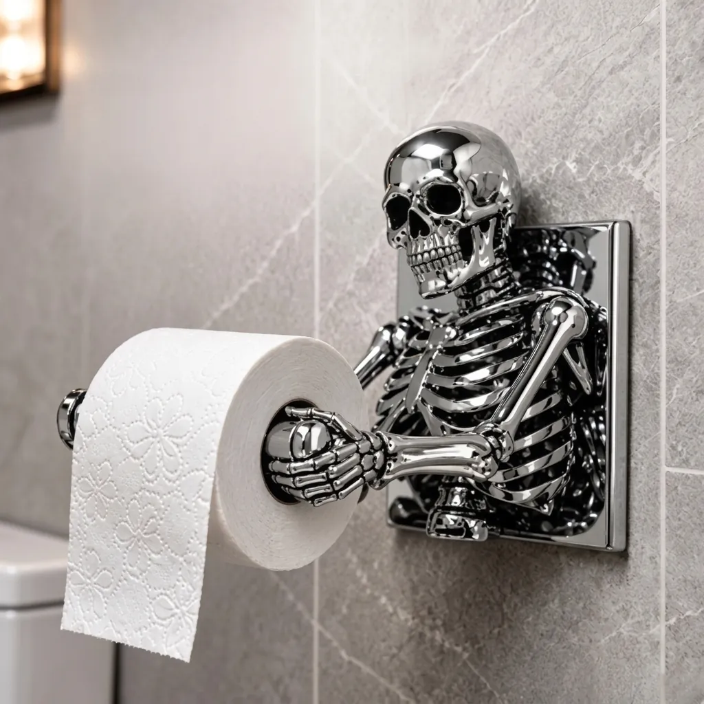 Gothic Skeleton Toilet Paper Holder 3D Resin Skull Wall Mounted Bathroom Roll Paper Stand Halloween Decor Silver Chrome