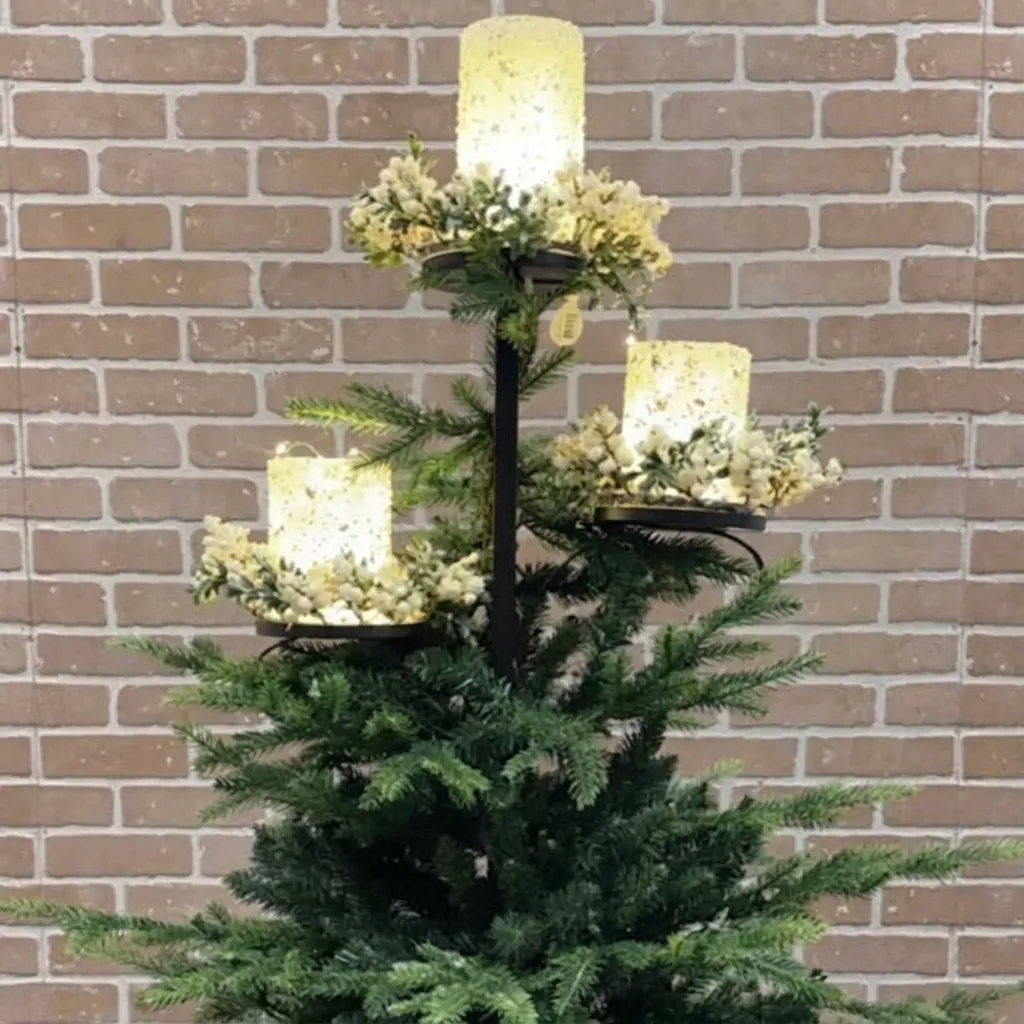 Christmas Candle Holder Tray 3-Tier Iron Decorative Stand With LED Warm Light For Christmas Tree Decoration Home Party