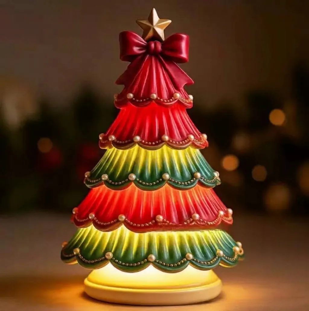 Christmas Tree Light Ornament Resin LED Night Light With Bow Star Decoration For Home Xmas Party Festive Tabletop Decor