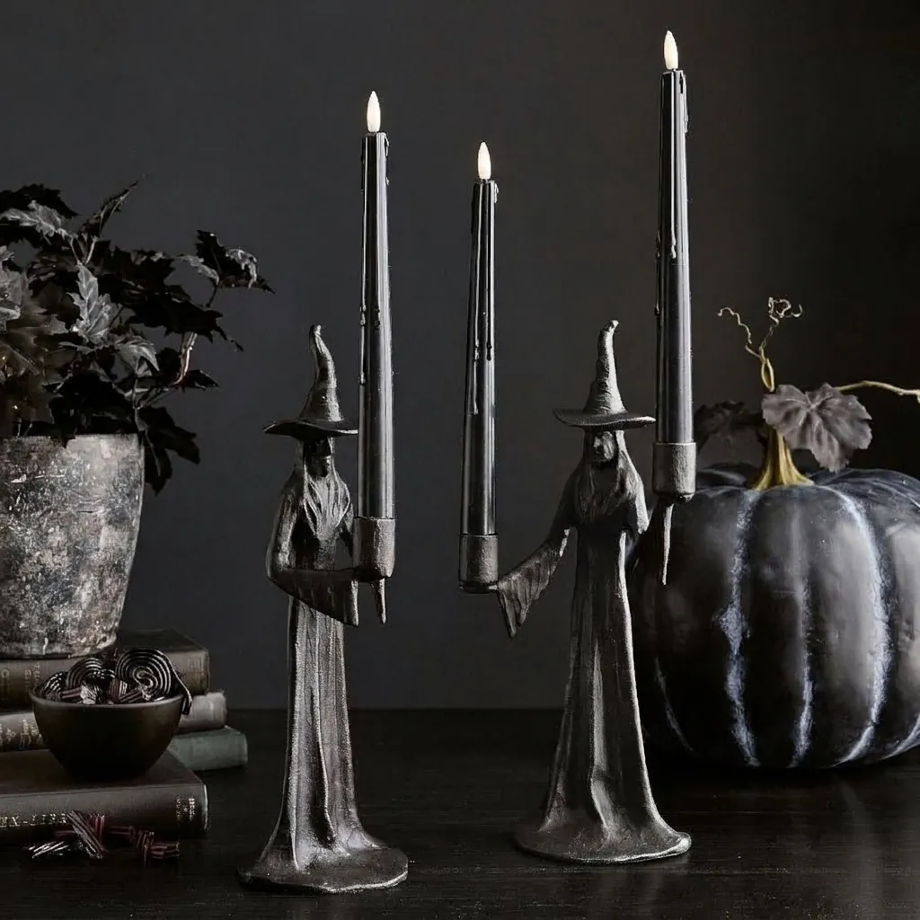 Handmade Black Witch Statue Candle Holder Halloween Resin Desktop Decoration Gothic Witch Figurine For Home Party Decor