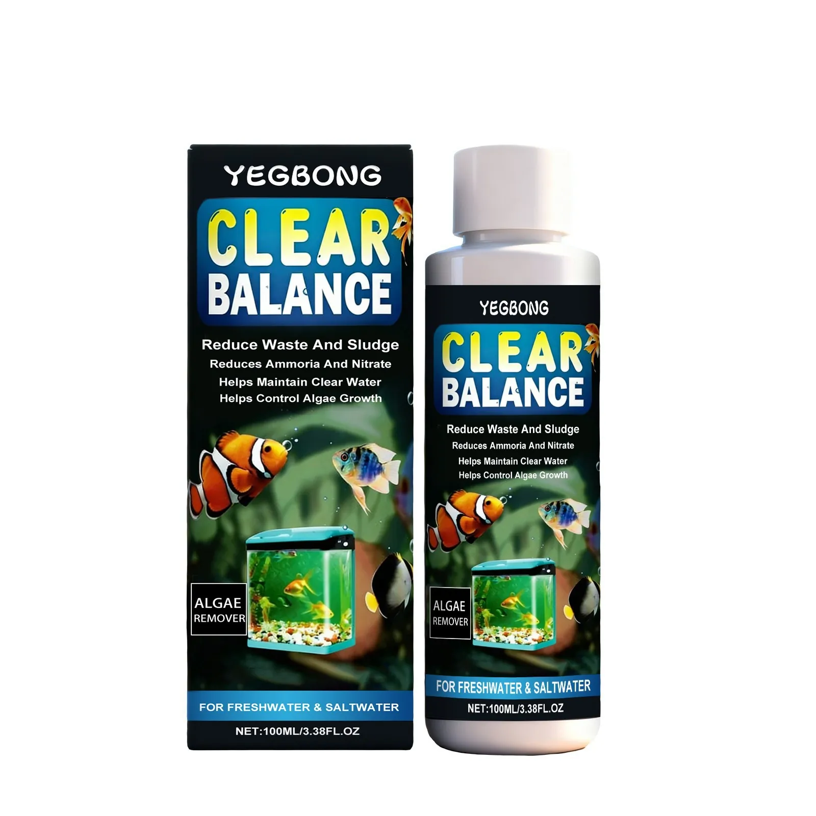 YEGBONG 100ml Fish Tank Cleaner For Freshwater Saltwater Aquarium Water Clarifier Algae Remover Waste Maintenance Solution