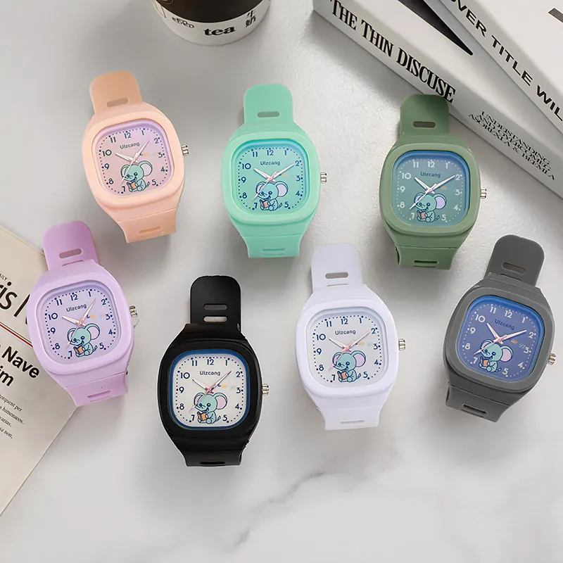 Reloj de Cuarzo para Mujer Lindo Patrón de Elefante de Dibujos Animados Esfera Cuadrada Correa de Plástico Silicona Estudiante Niños Reloj Deportivo Impermeable
