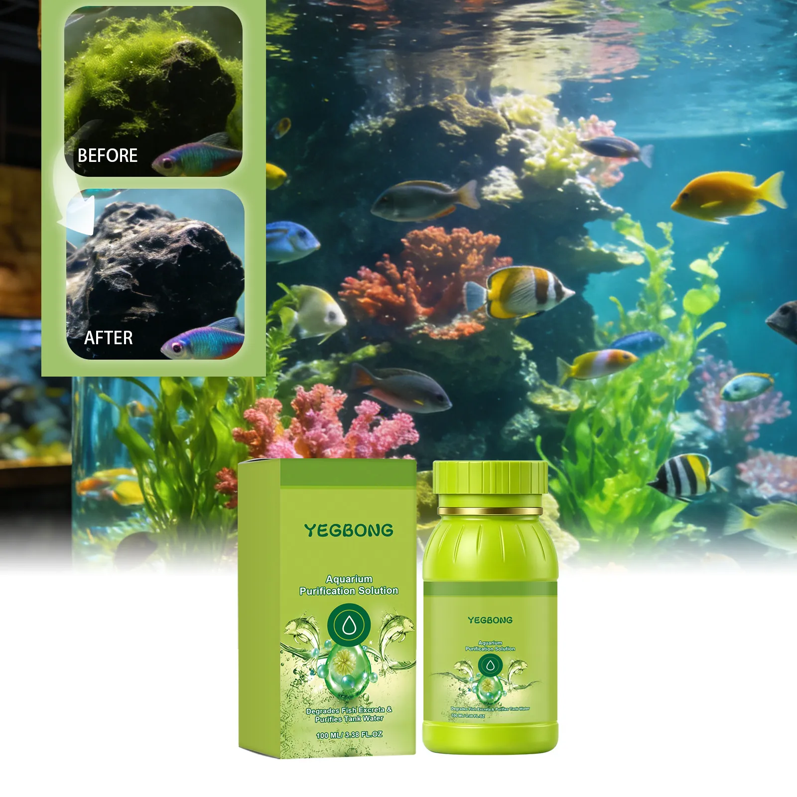 YEGBONG Aquarium Purification Solution Fish Tank Water Quality Cleaner For Degrading Fish Waste Daily Maintenance