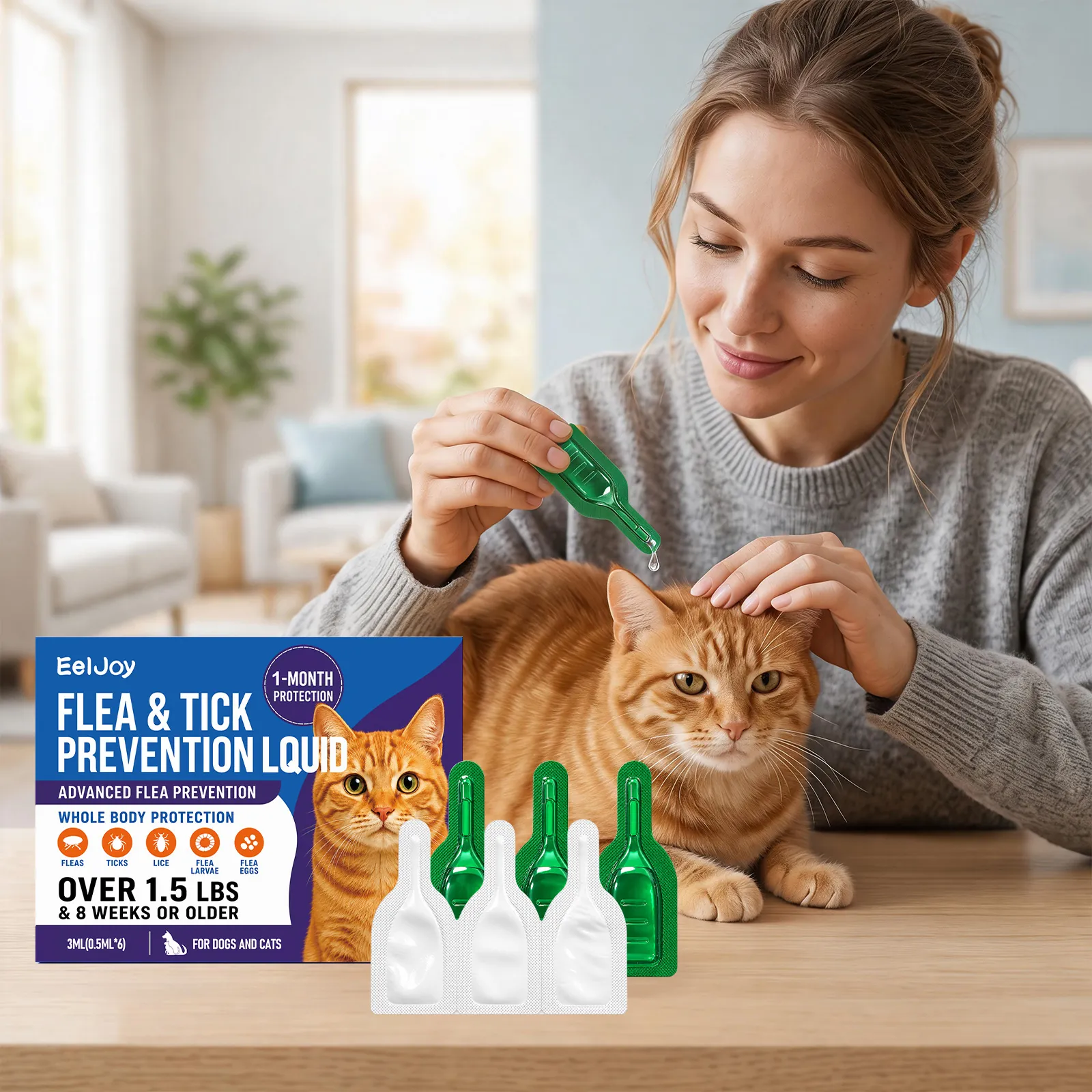 EELJOY Floh- und Zeckenbehandlung für Hunde und Katzen Sanfte Topische Vorbeugung Wasserdichte Langanhaltende Schutztropfen