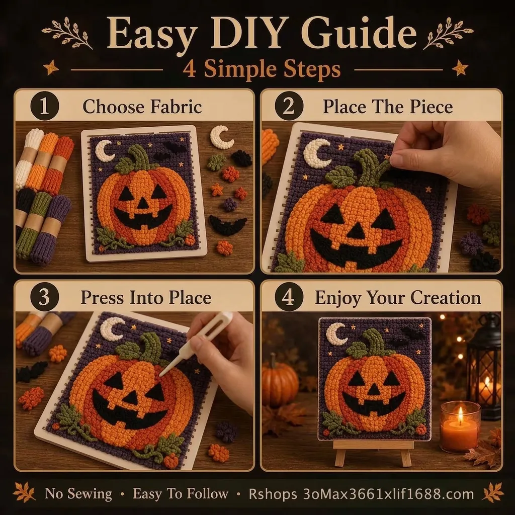 Halloween No-Sew Punch Needle DIY Kit American Style Cartoon Pumpkin Ghost Skull Embroidery Kit Yarn-Dyed Knit Fabric Craft Kit