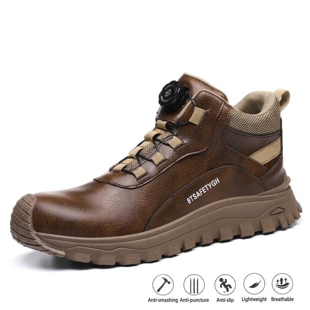 Chaussures de Sécurité Homme Embout Acier Bottes de Travail Imperméables Cuir Microfibre Anti-Écrasement Anti-Perforation Boucle Rotative Semelle Kevlar