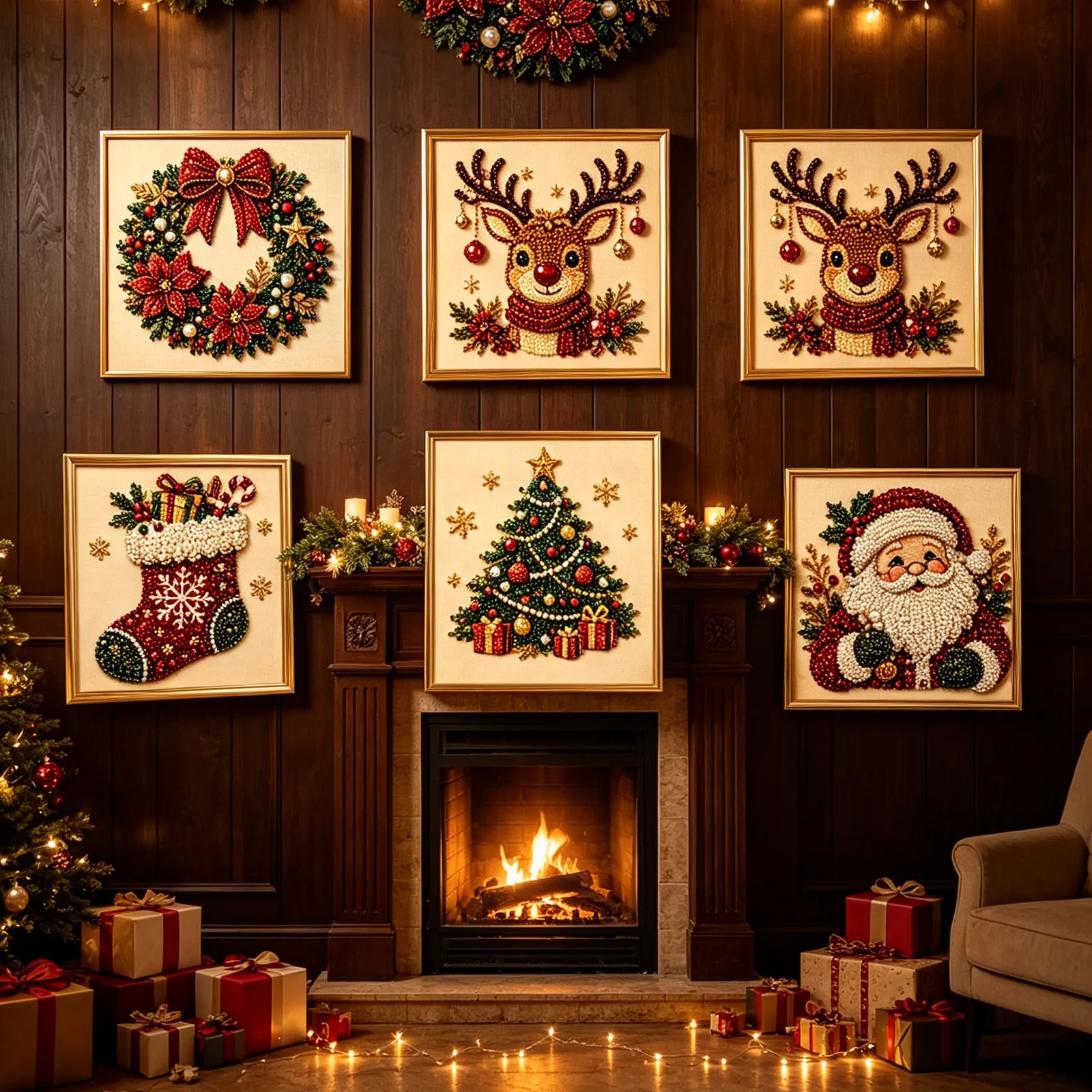 DIY 5D Christmas Acrylic Diamond Pearl Painting with Wood Frame Santa Claus Reindeer Wreath Stocking Decoration Home Wall Art Gift