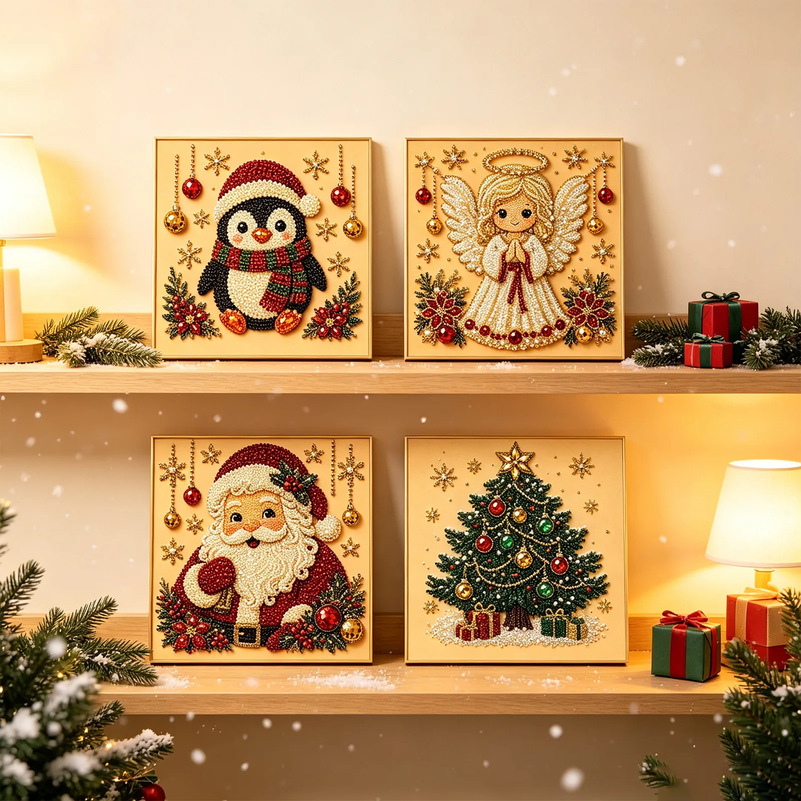3D Christmas Wall Art 3D Texture Rhinestone Artificial Pearl Inlay Wood Frame Holiday Decor Hanging Painting For Living Room
