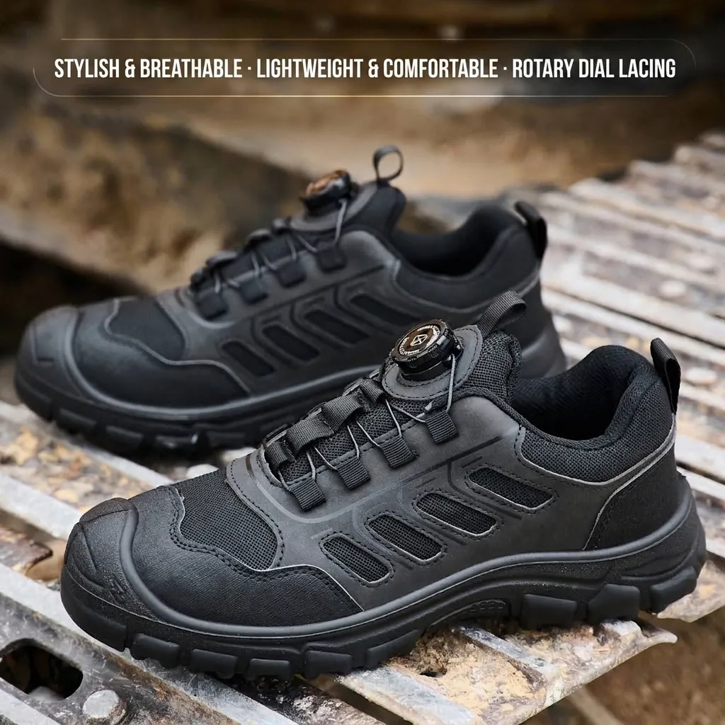 Safety Shoes for Men Women Steel Toe Work Sneakers Anti-Smash Puncture Proof Industrial Construction Shoes with Rotating Buckle Microfiber Leather Breathable Protective Footwear
