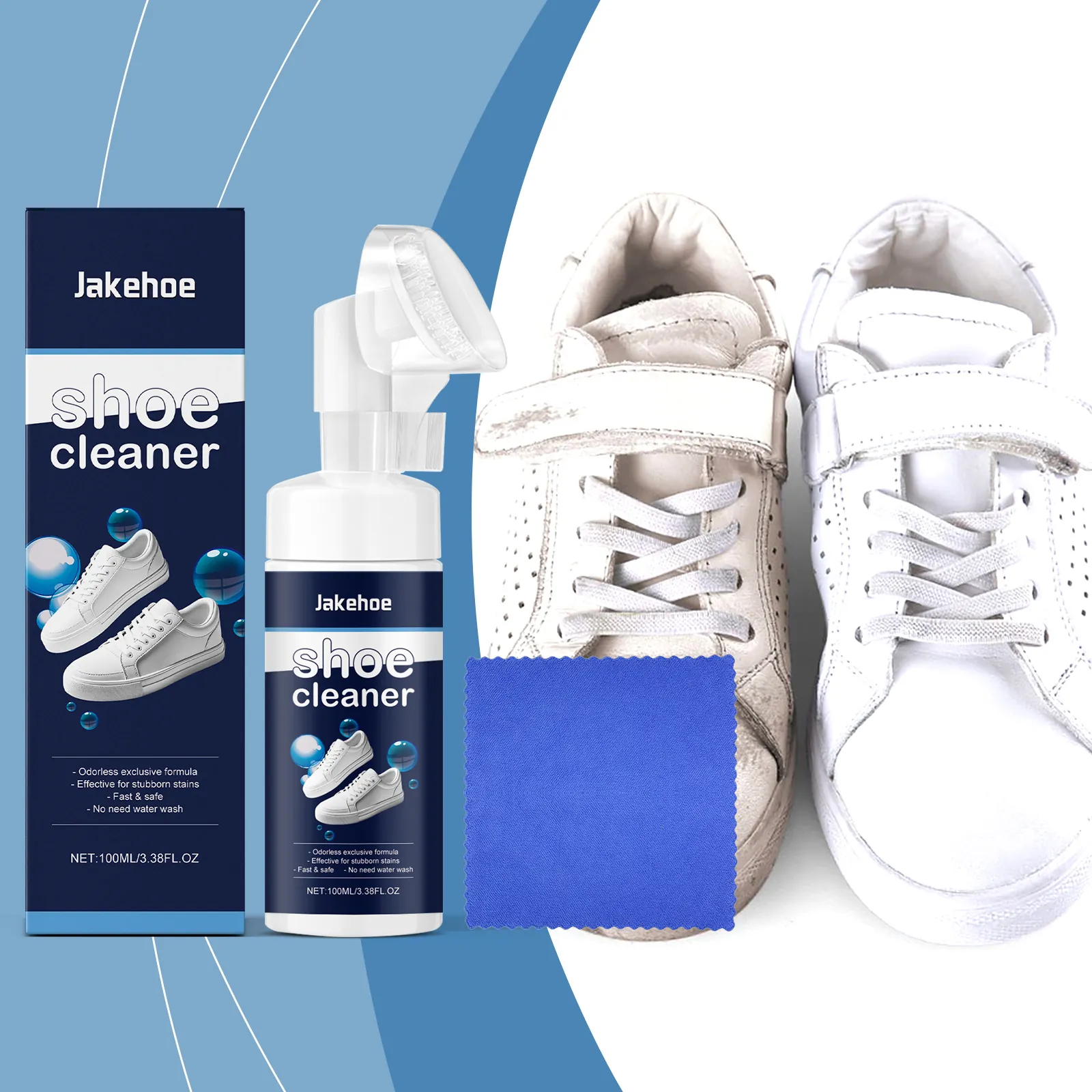 Jakehoe White Shoe Cleaner 100ml Waterless Cleaning Foam With Built-in Brush And Microfiber Cloth For Stains Yellowing Edge Removal