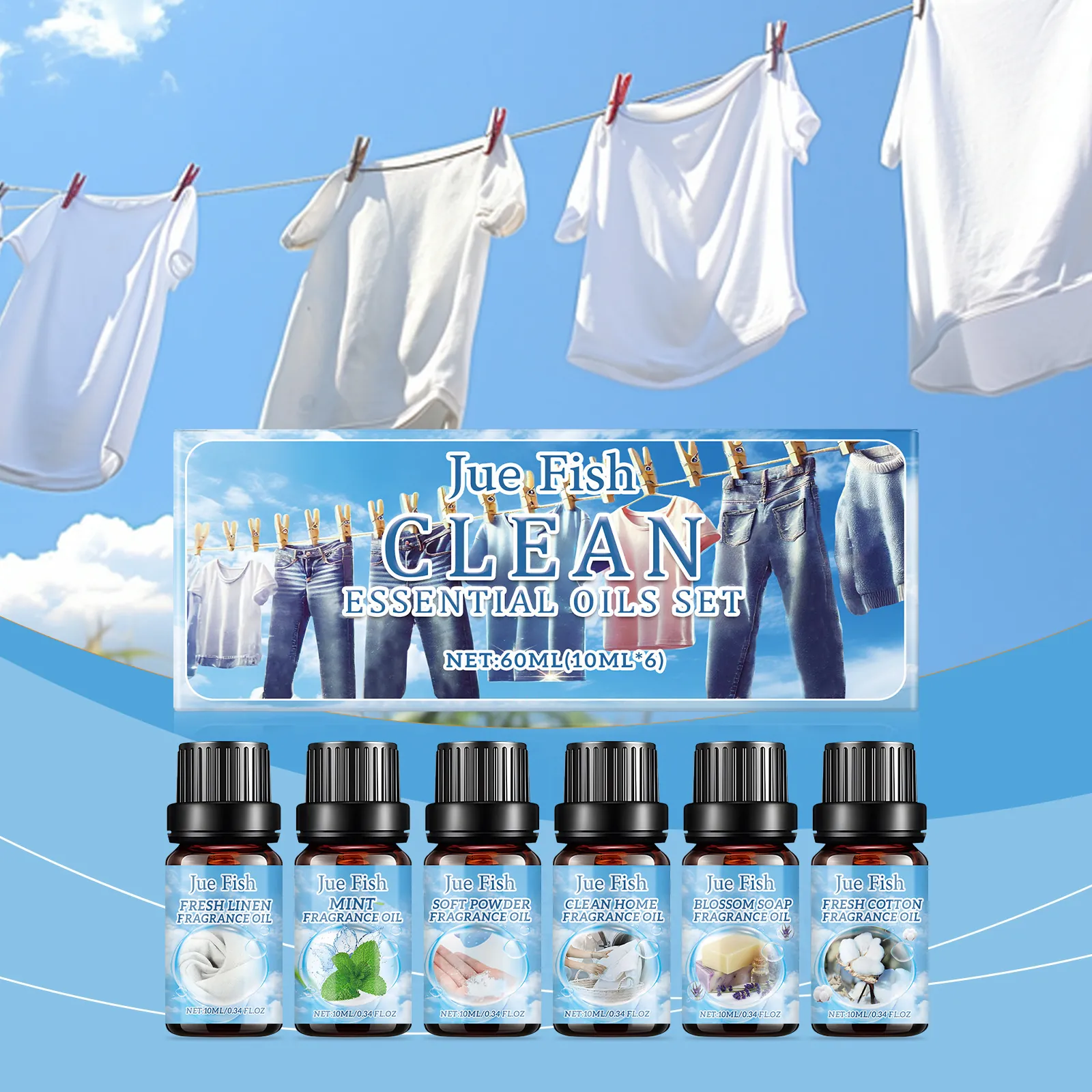 Jue-Fish Cleaning Essential Oils Set Long Lasting Natural Scent Fragrance Oil For Humidifier Aromatherapy Laundry Home Cleaning