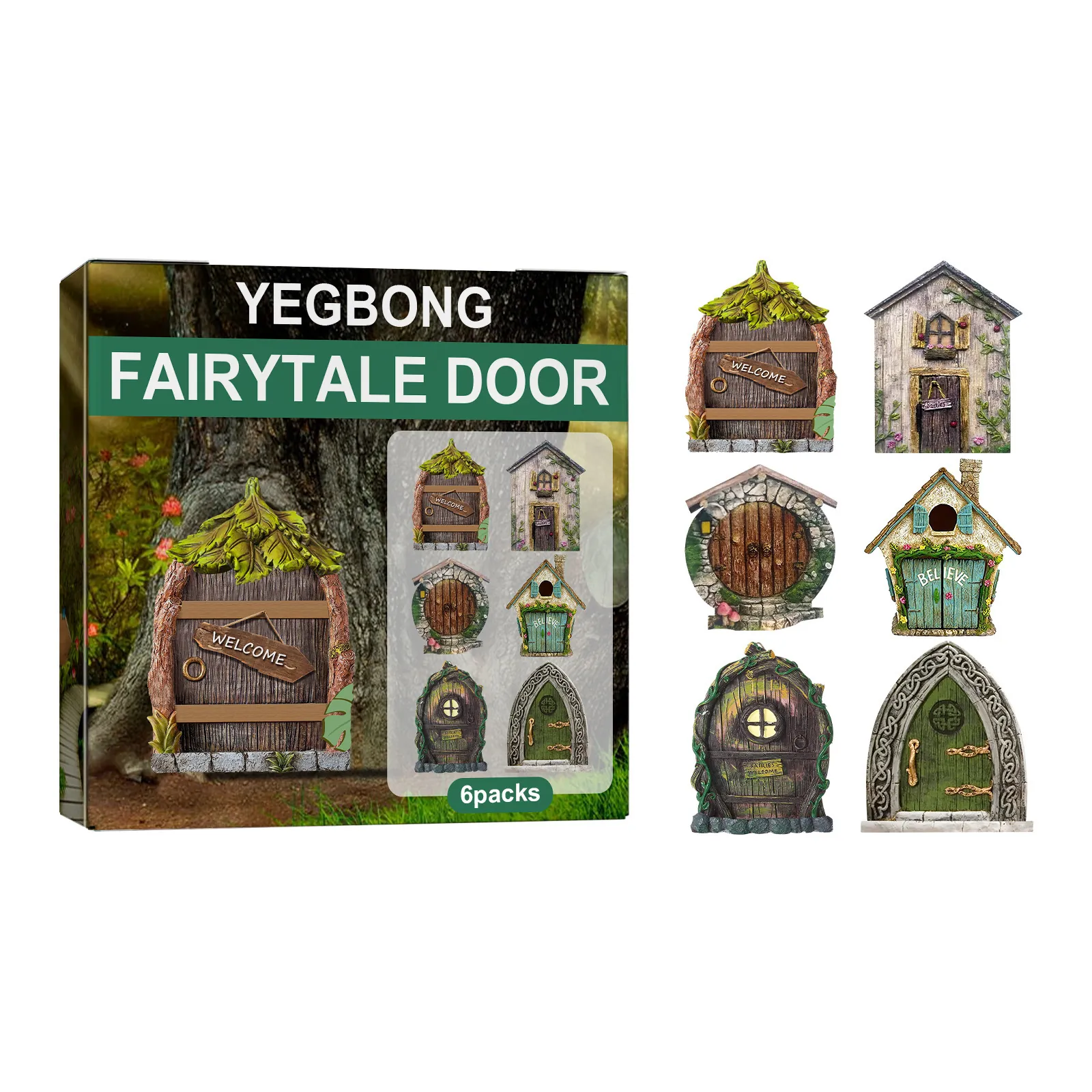YEGBONG Miniature Garden Fairytale Door 6 Piece Set Wood Gnomes Decoration Tree Yard Outdoor Ornament