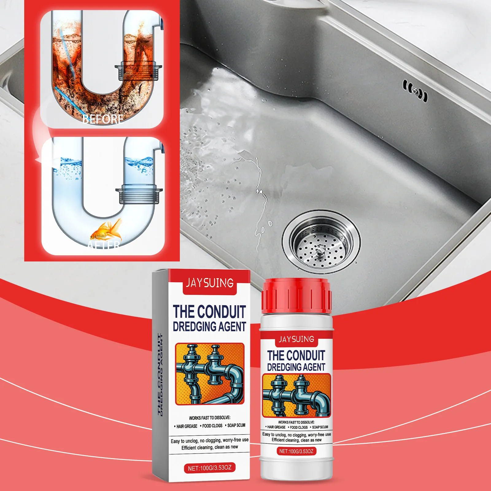 Jaysuing Powerful Pipe Dredging Agent Dissolves Hair Grease Soap Scum Fast Acting Sink Drain Cleaner For Kitchen Bathroom