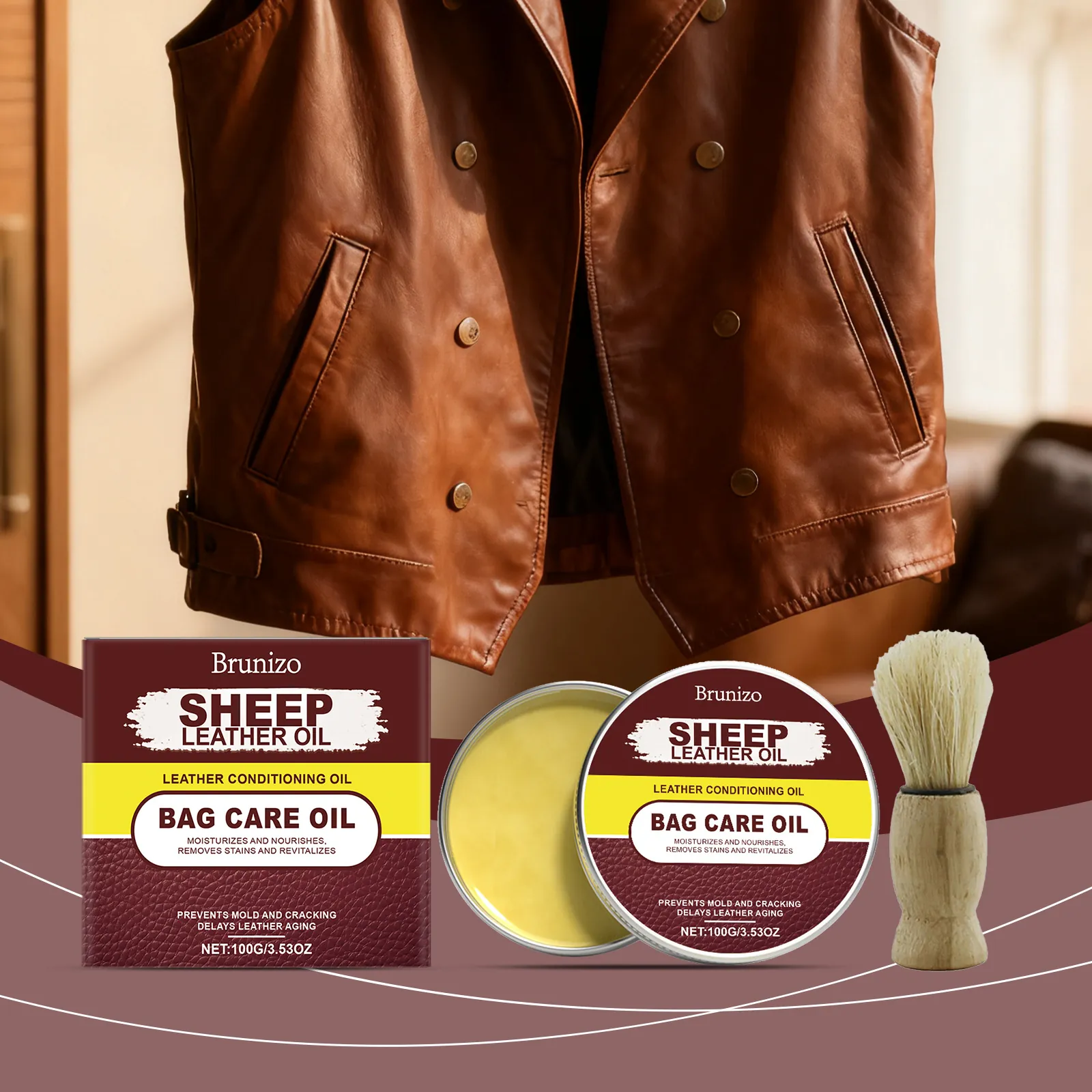 Brunizo Leather Bag Care Oil Paste Sheepskin Polishing Cleaning Nourishing Maintenance Set With Wooden Brush