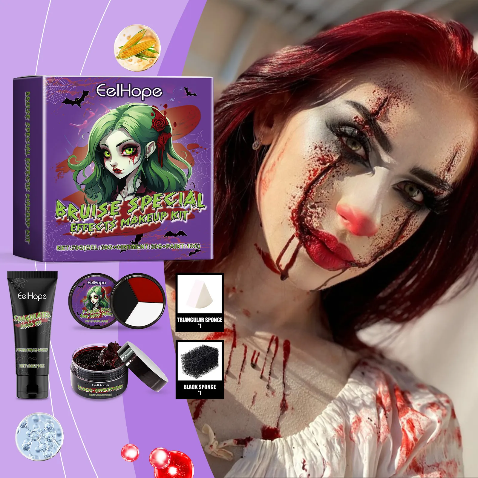 EelHope Halloween Σετ Μακιγιάζ Βρυκόλακα SFX Gel Αίματος Αλοιφή Παλέτα Μακιγιάζ Προσώπου 3 Χρωμάτων με Σφουγγάρια