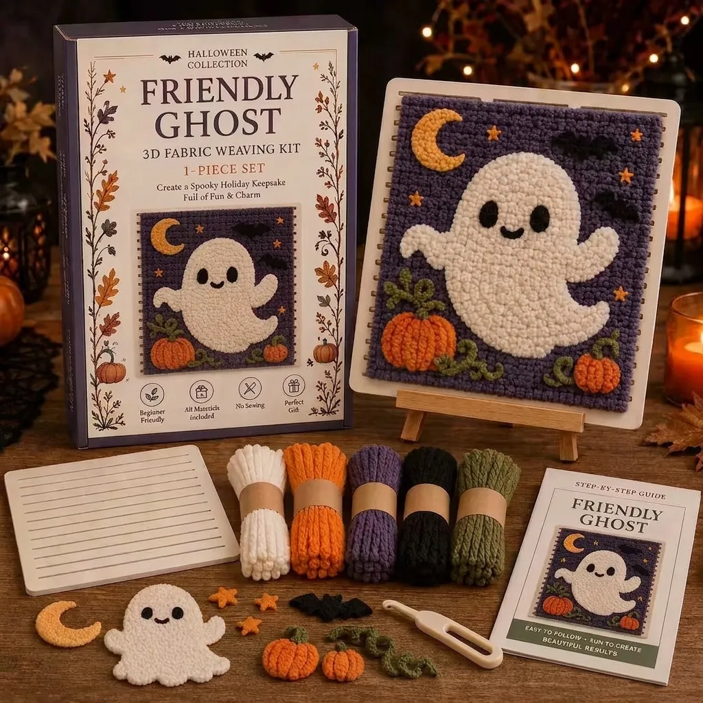 DIY Halloween 3D Fabric Weaving Kit No Sewing Punch Needle Pumpkin Ghost Craft Set Festival Home Decoration Gift For Kids