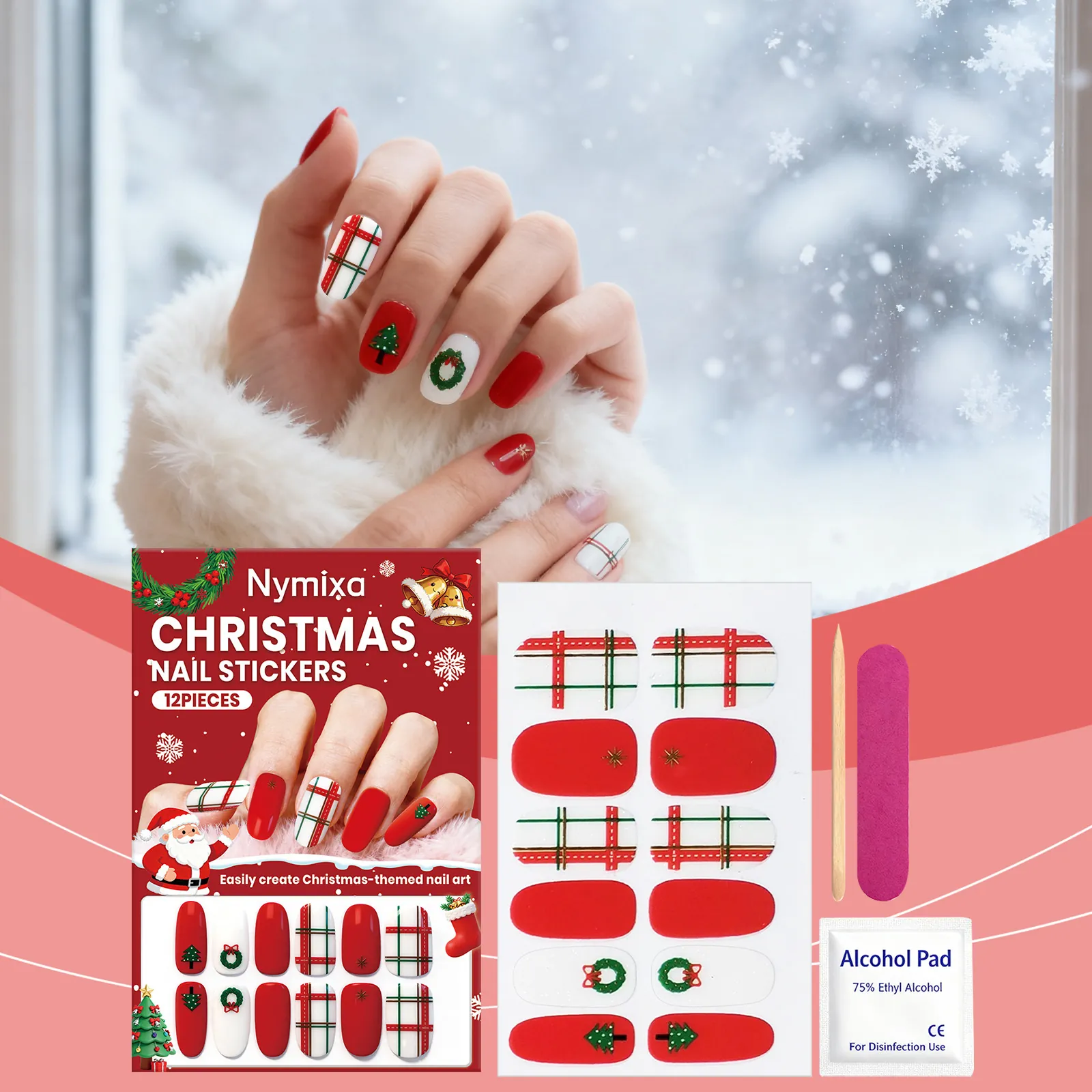 Nymixa Weihnachten Thema Weiches Gel Nagelaufkleber Set Festlich DIY Nail Art Kit Mit Weihnachtsmann Karo Design