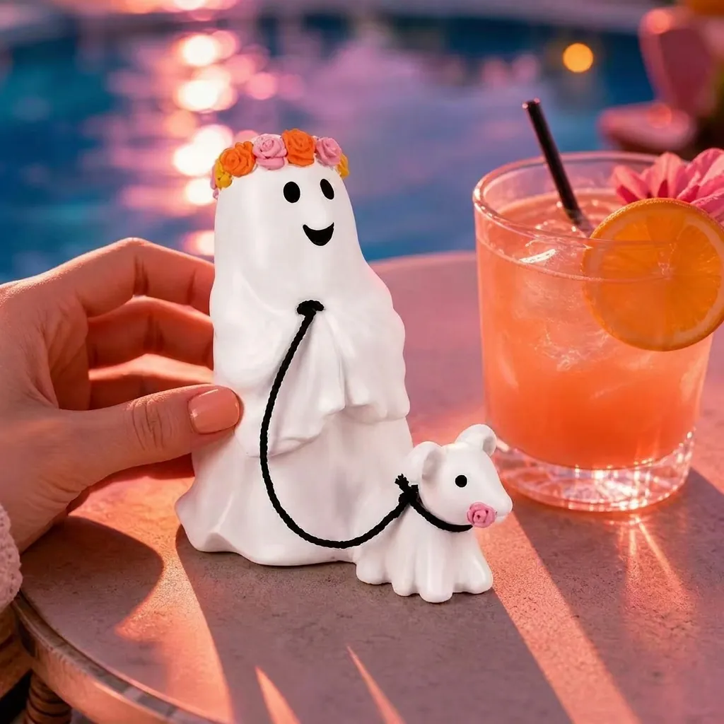 Figura de Fantasma de Halloween Paseando al Perro de Resina Estatua Decorativa para Hogar Jardín Césped Exterior Regalo Fiesta