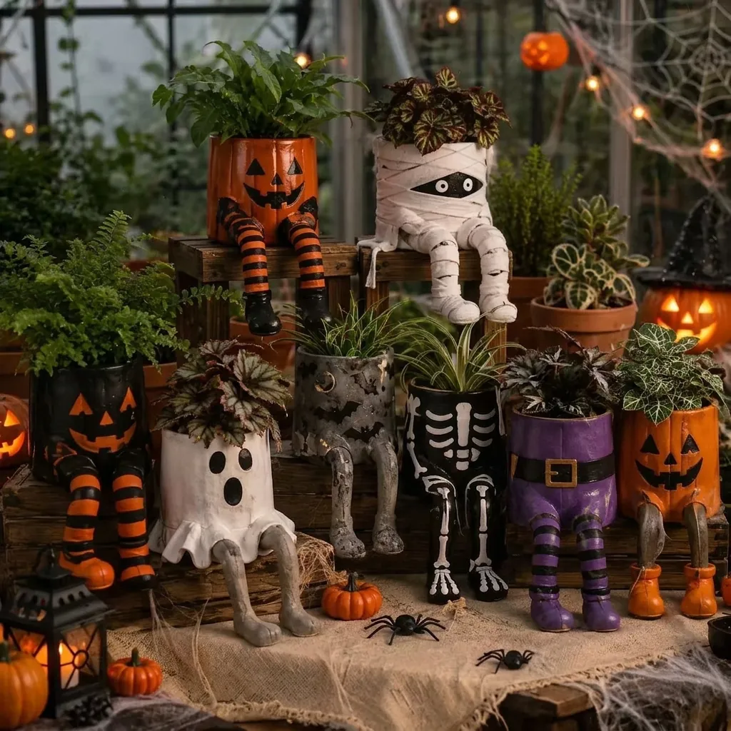Ρητίνη Halloween Γλάστρα με Κρεμαστά Πόδια Μούμια Κολοκύθα Φάντασμα Κρανίο Νυχτερίδα Φιγούρα Διακόσμηση Γραφείου Εσωτερικού Χώρου