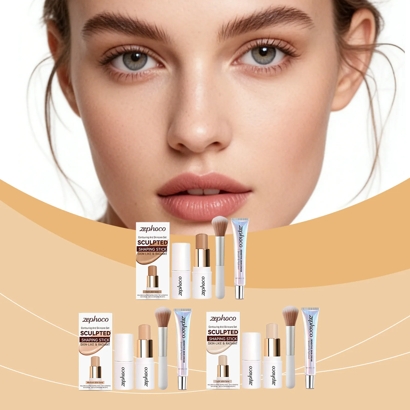 Set de Barra de Contorno Facial Zephoco y Crema para el Cuidado de la Piel Con Brocha de Maquillaje Profesional Sombras Naturales de Larga Duración Kit de 3 Piezas