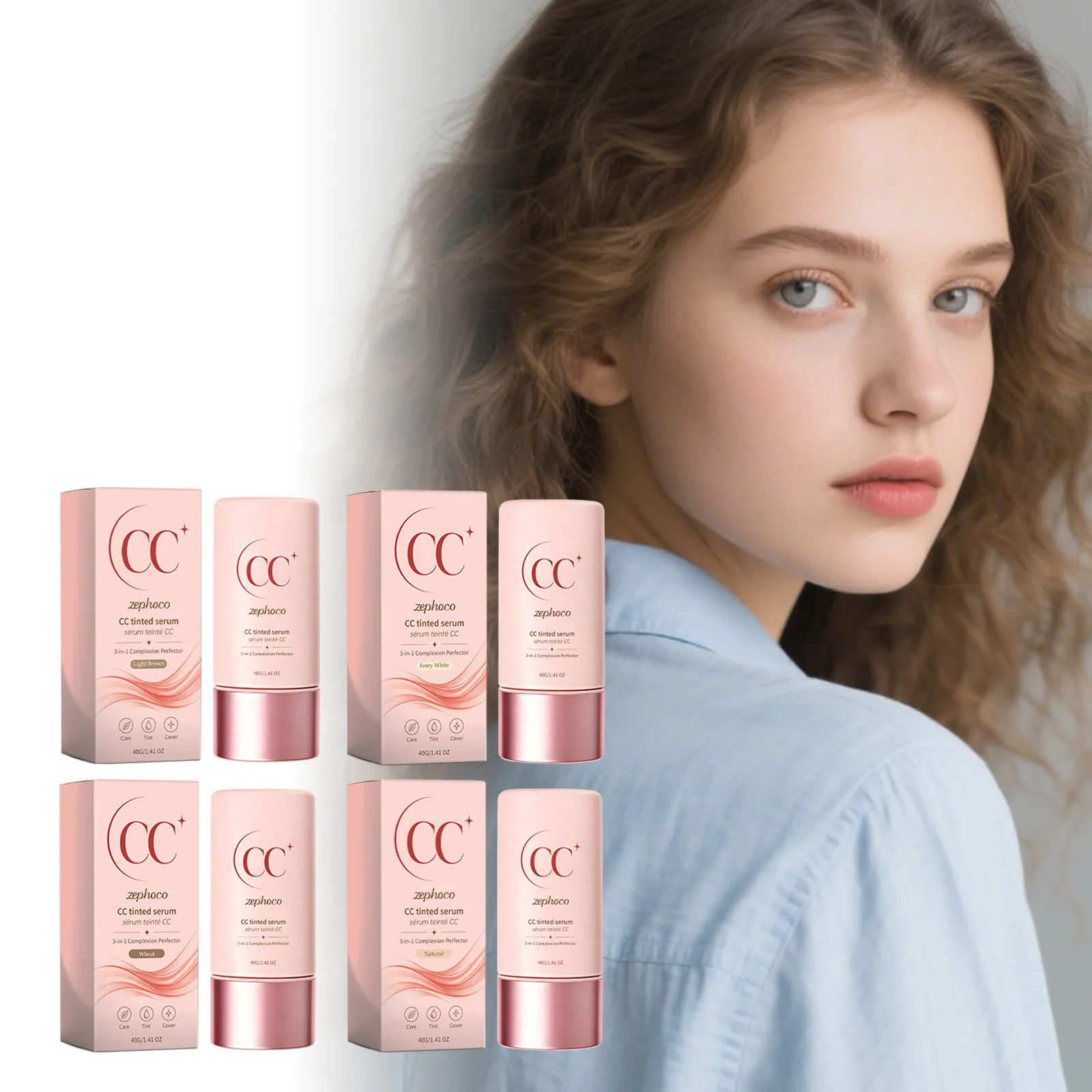 Zephoco Suero Teñido CC Tres-En-Uno Prebase Facial Hidratante Corrector Para Mujeres Suero De Maquillaje Natural Marfil Trigo Marrón Claro