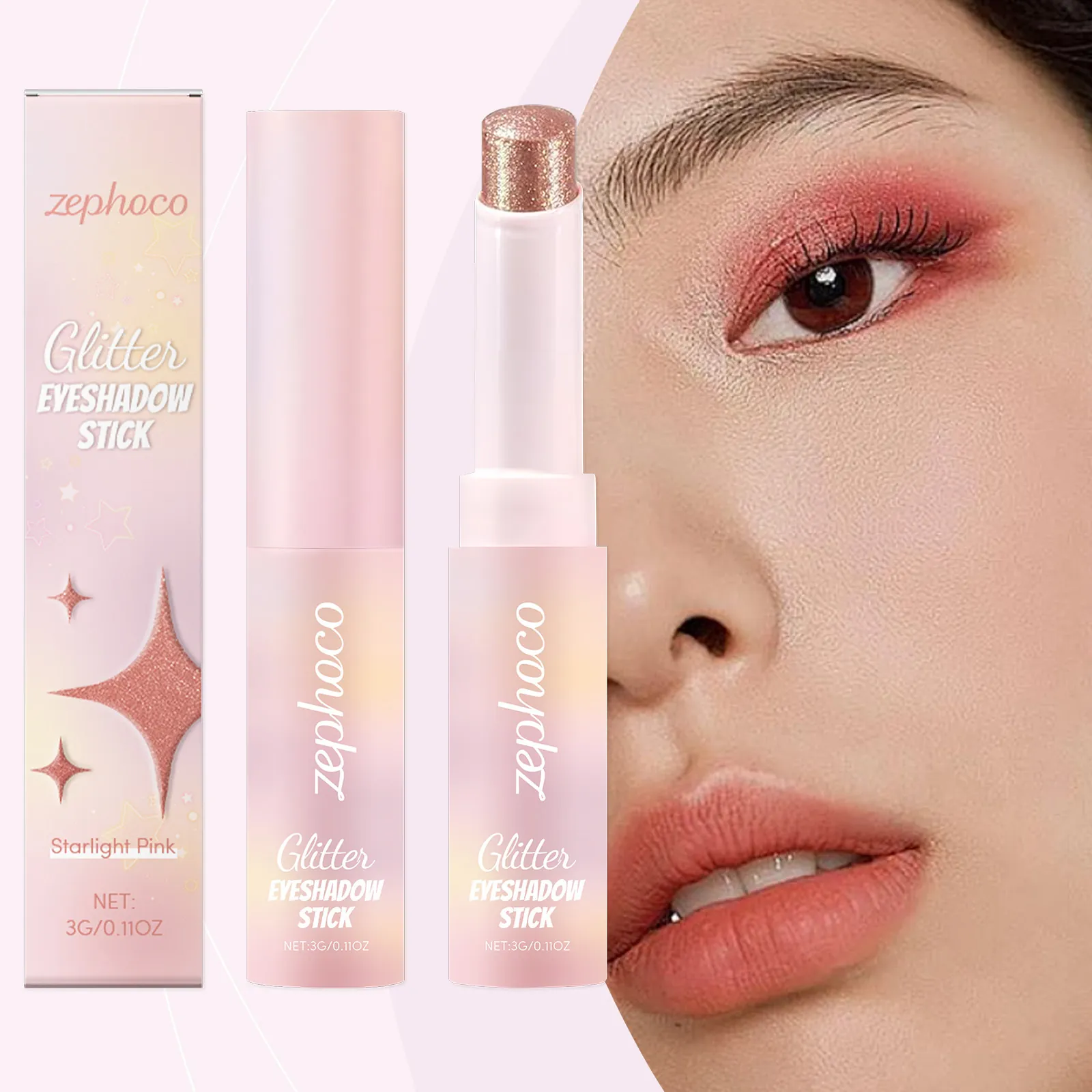 ZEPHOCO Starlight Pink Glitter Eyeshadow Stick Long Lasting Waterproof Shimmer Highlight Eye Makeup Pen For Party Women Beauty