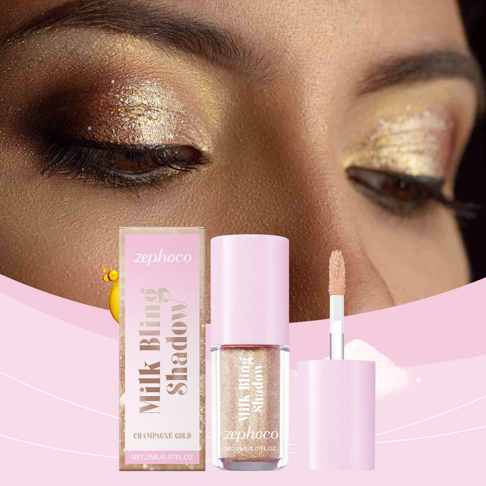ZEPHOCO Liquid Glitter Eyeshadow Champagne Gold Shimmer Pearl Liquid Eye Shadow Waterproof Long Lasting Sparkling Eye Makeup