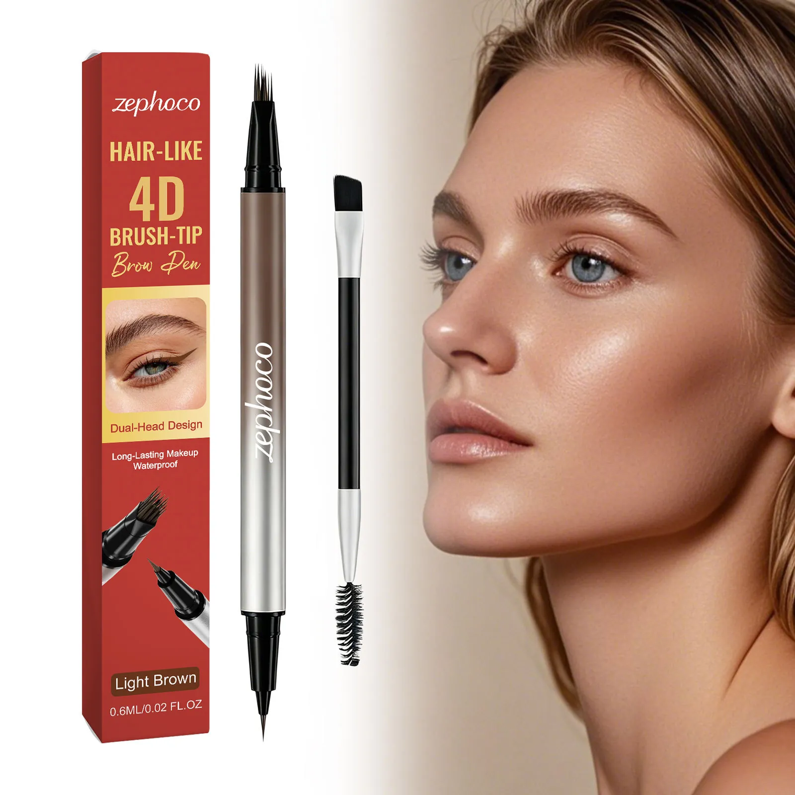 Zephoco Double-Ended Waterproof Eyebrow Pencil Light Brown 4D Fork Tip Long Lasting Natural Makeup Smooth Brow Grooming Tool