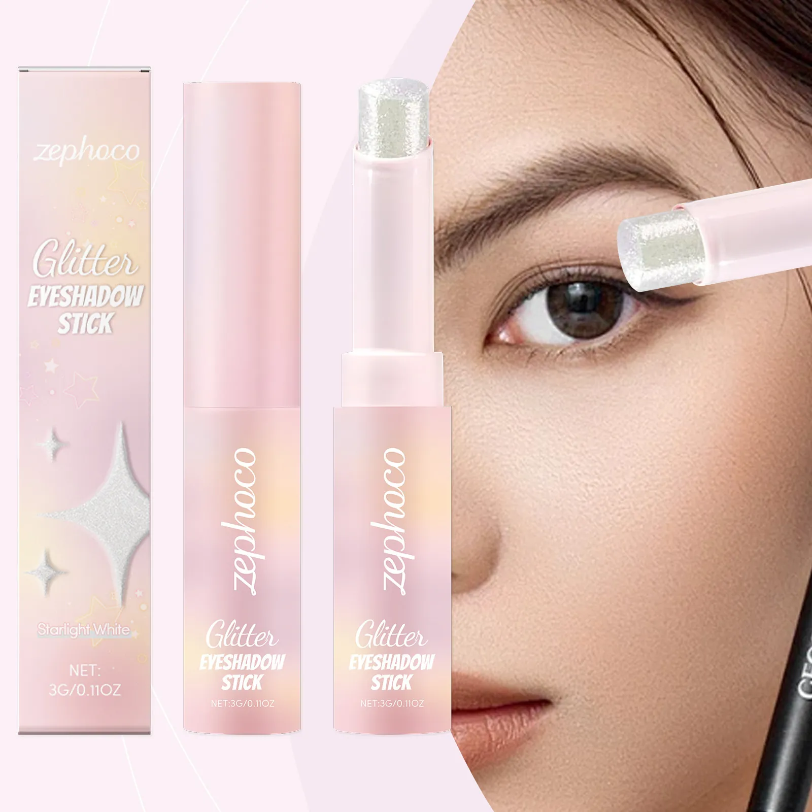 ZEPHOCO Starlight White Glitter Eyeshadow Stick Waterproof Pearlescent Shimmer Eye Makeup Highlighter Stick For Women Party