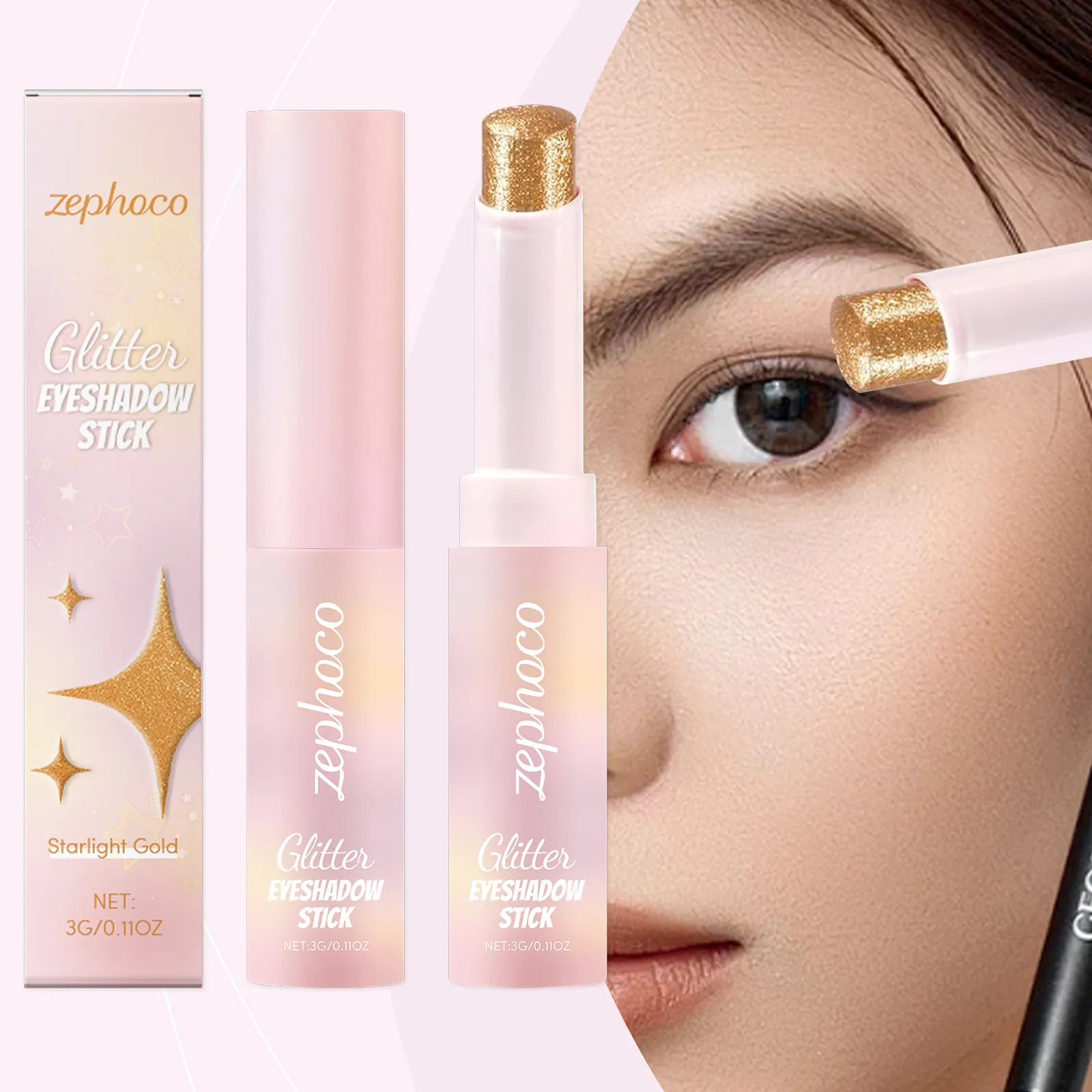 Glitter Eyeshadow Stick Starlight Gold Long Lasting High Pigment Creamy Metallic Eye Makeup Pen Shimmer Stick For Women