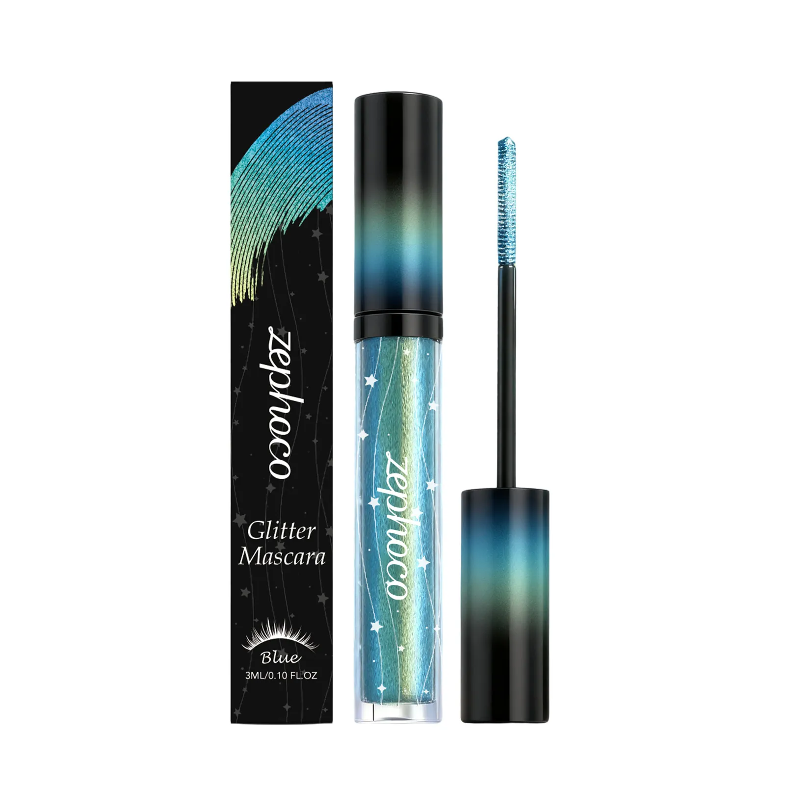 Zephoco Blau Glitzer Wimperntusche Funkelndes Augen Makeup Langanhaltend Wasserfest Schwungvoll Verdichtend Mascara 3ml Damen