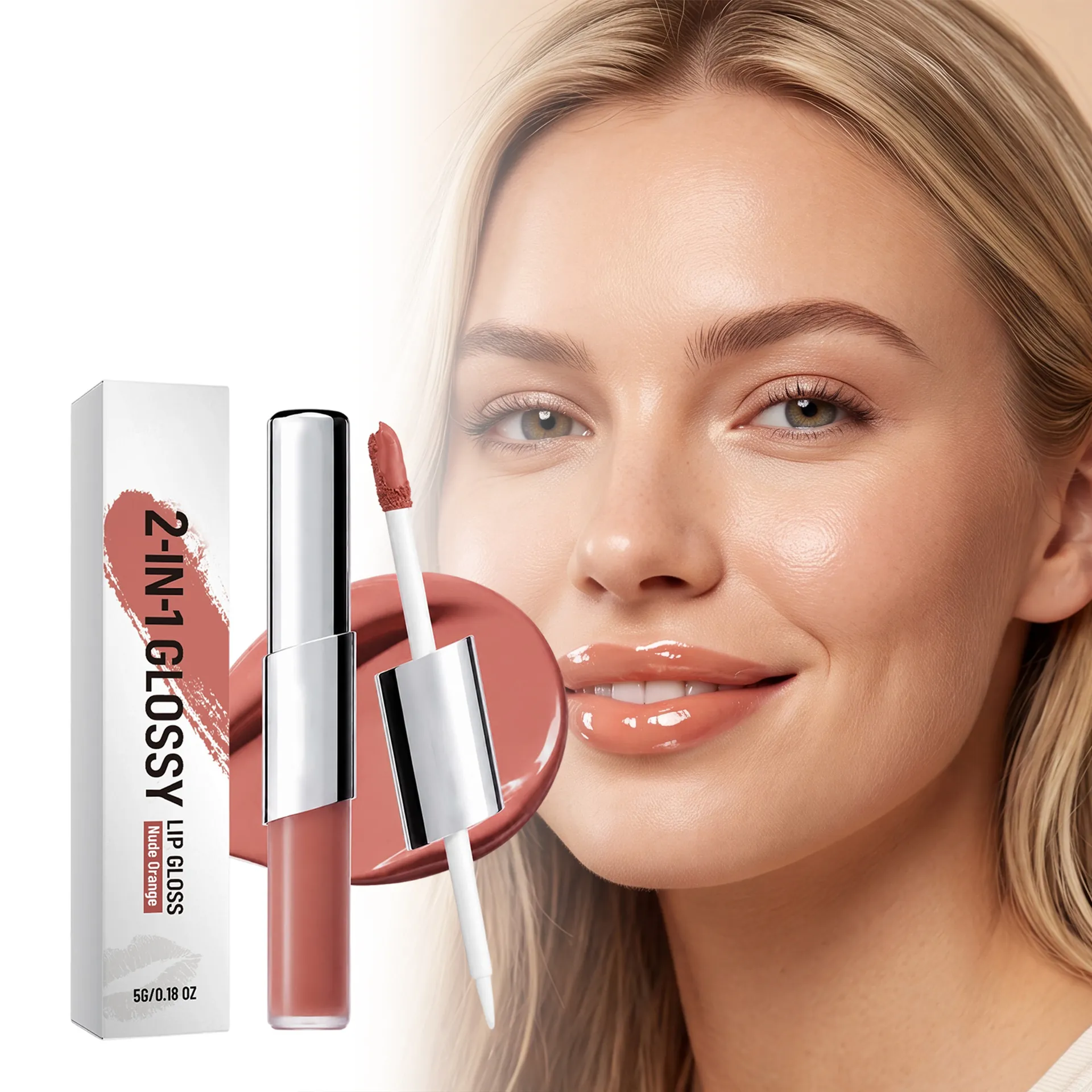Zwei-In-Eins Glossy Lippengloss Nude Orange Dual-Ended Feuchtigkeitsspendend Langanhaltend Glänzend Flüssiger Lippenstift Für Damen Tägliches Makeup