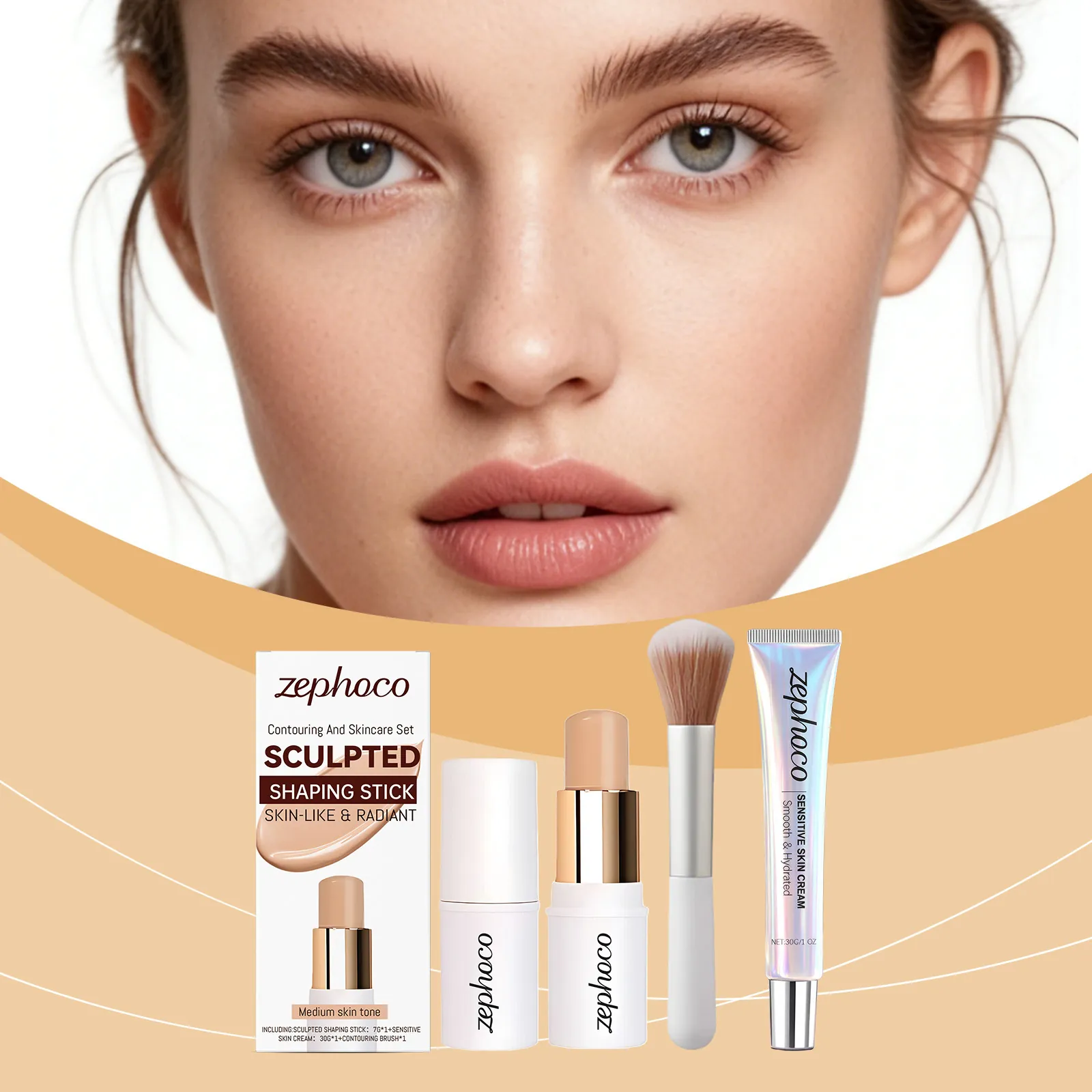 Zephoco Juego de Maquillaje de Contorno Tono Medio Barra de Esculpido Crema Pincel Esculpido Facial Profesional Mujer