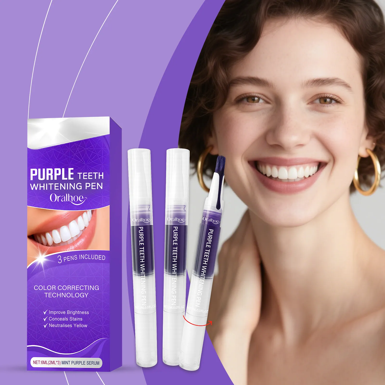 Purple Teeth Care Pen Set Color Correcting Technology Gentle Cleaning Natural Brightening Portable Oral Care Pen Kit