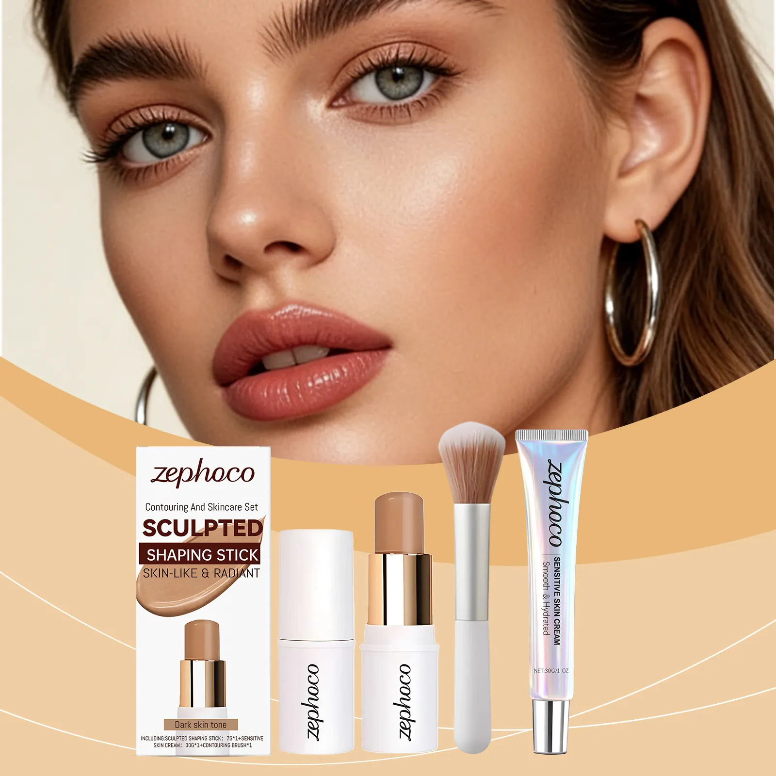 Set Professionale per Contouring Toni Scuri Con Stick per Contouring Crema Idratante E Pennello per Trucco Viso Scolpito