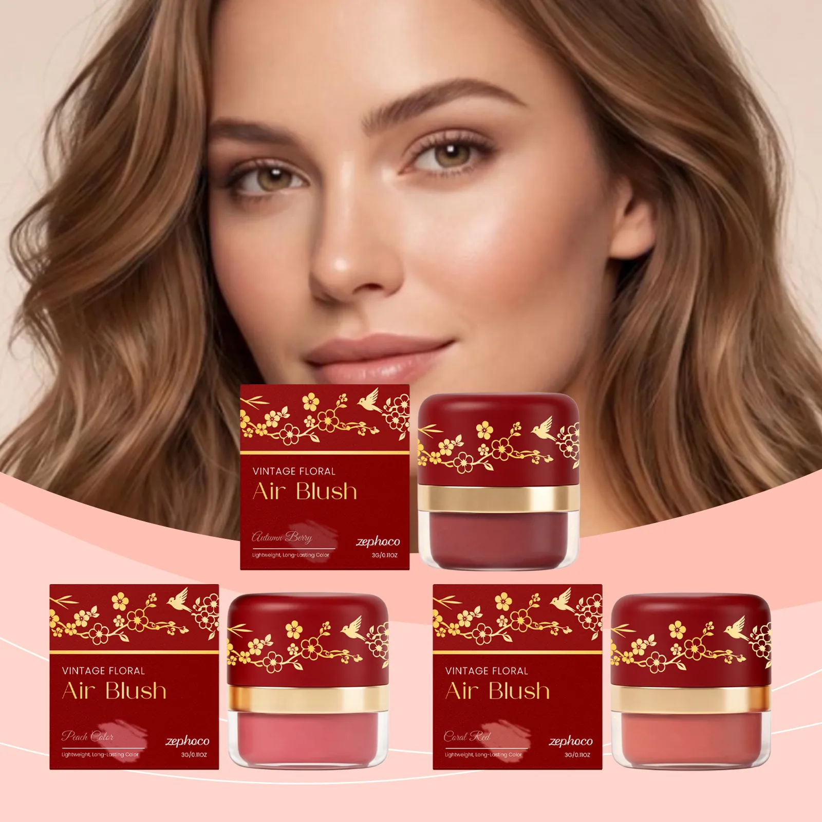 Zephoco Vintage Red Jar Matte Air Blush Natural Long Lasting Face Makeup For Women Coral Red Peach Autumn Berry