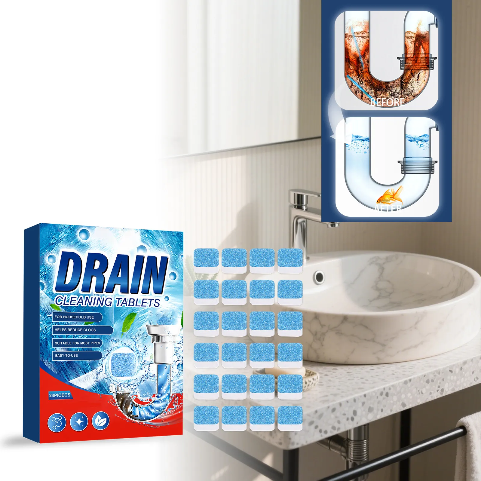 Blue Drain Cleaning Tablets Strong Deodorizing Pipe Unclogger For Kitchen Sink Bathroom Toilet Sewer Clog Remover Cleaner