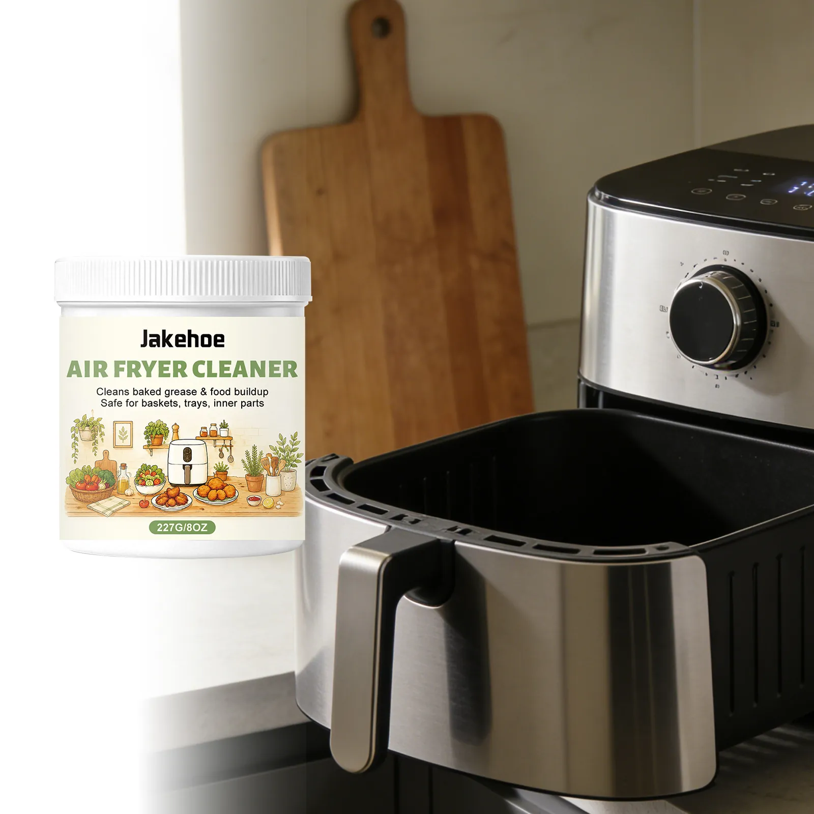 Jakehoe Air Fryer Cleaner Powder Kitchen Degreaser For Grease Stain Removal Gentle Formula For Frying Baskets Trays Appliances
