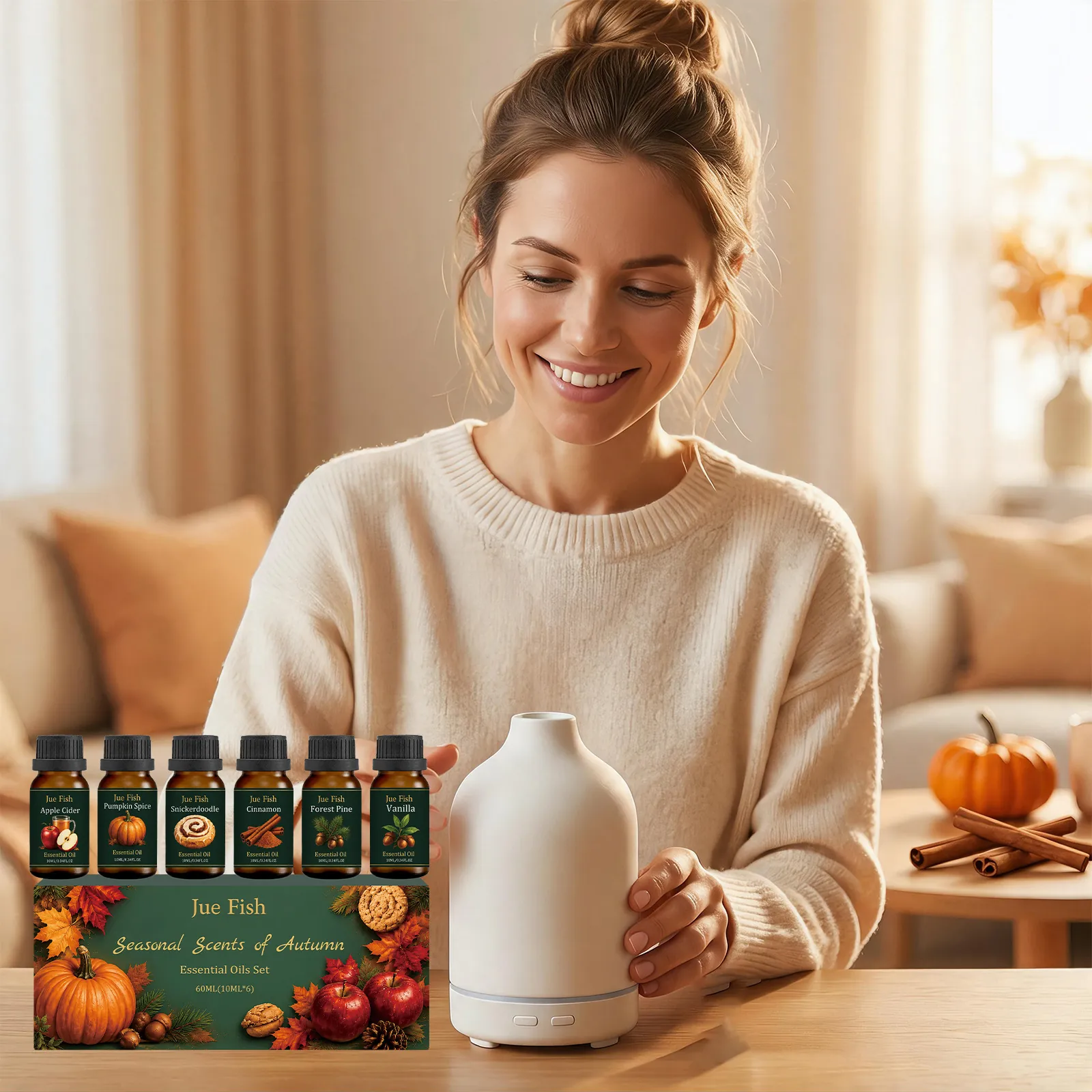 Jue Fish Herbst Ätherische Öle Set 6Stk 10ml Düfte Für Diffusor Luftbefeuchter Kürbis Zimt Vanille Apfelwein Aroma