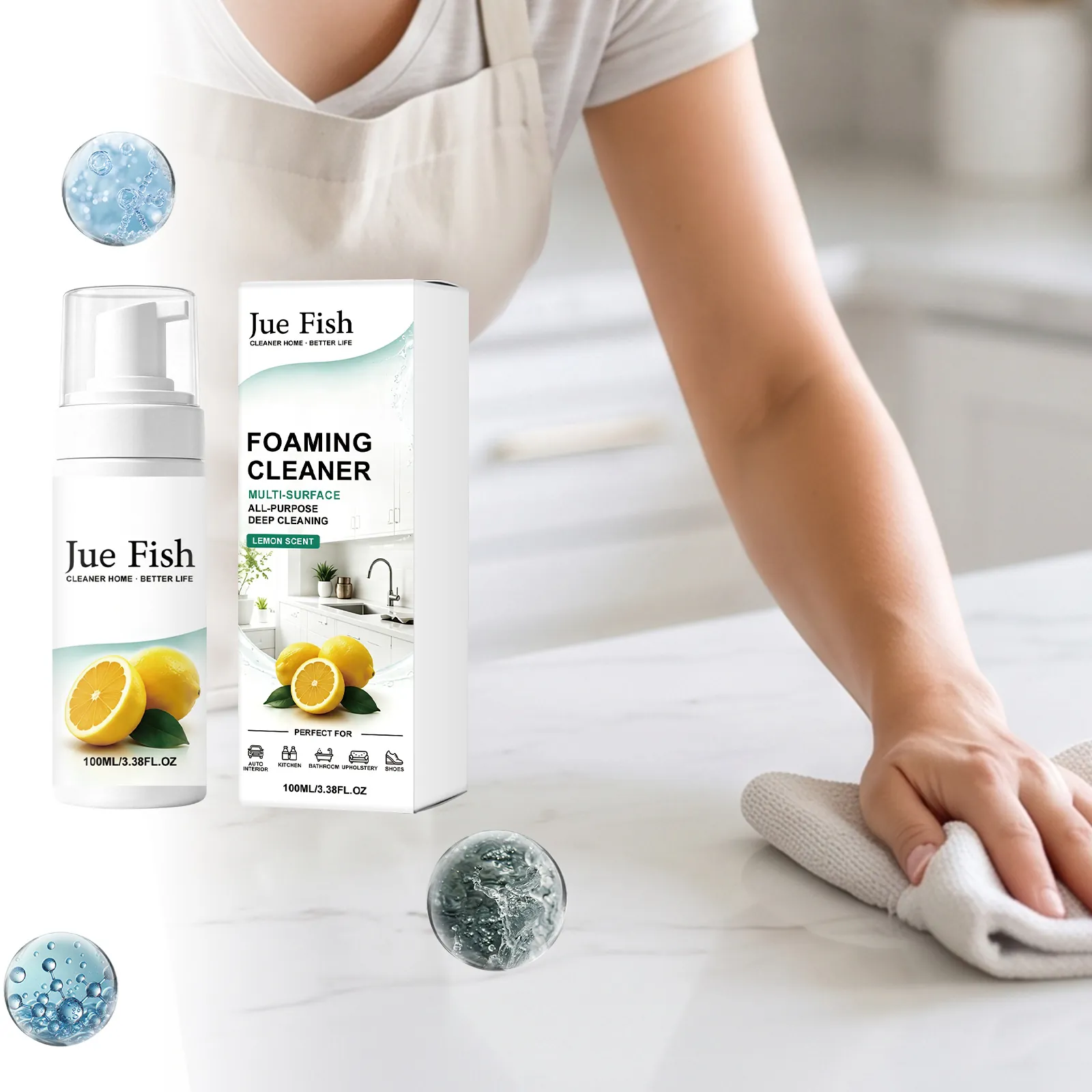 Jue Fish Multipurpose Foam Cleaner Deep Cleaning Spray For Car Interior Kitchen Bathroom Furniture Shoe Lemon Scent Stain Remover