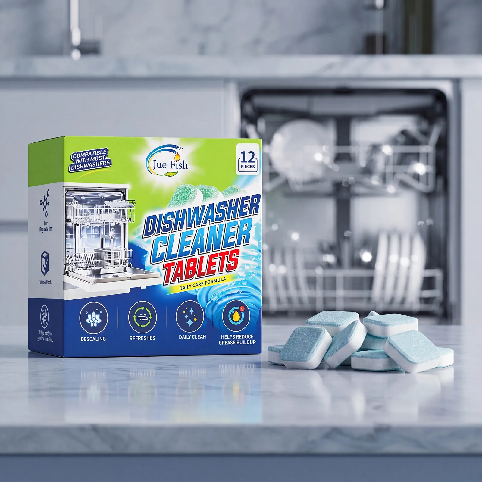 12pcs Dishwasher Cleaner Tablets Deep Descaling Degreasing Deodorizing Cleaner for All Dishwasher Models Kitchen Cleaning
