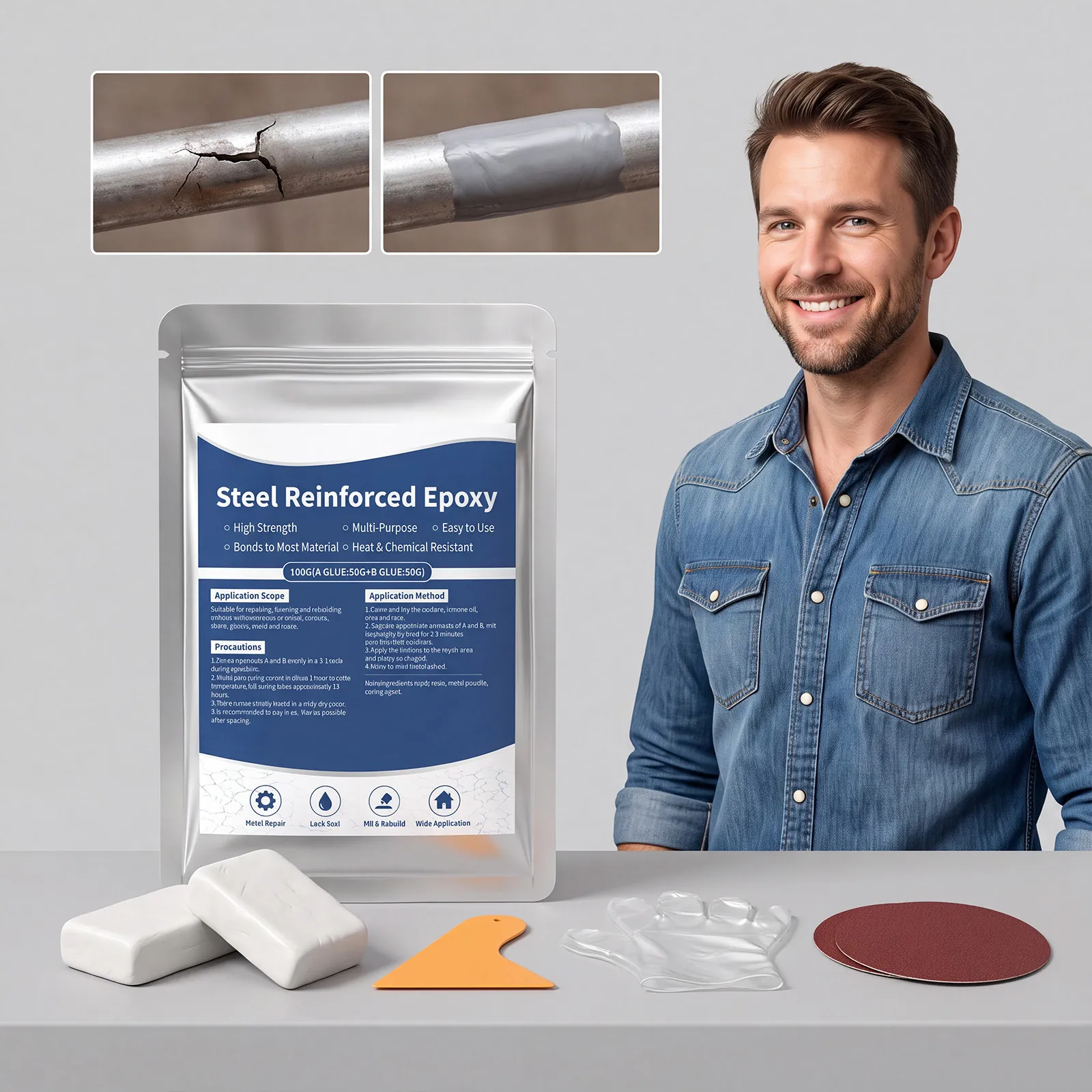 Multi Purpose Steel Reinforced Epoxy AB Glue Set For Metal Ceramic Tile Surface Crack Repair High Strength Adhesive Kit
