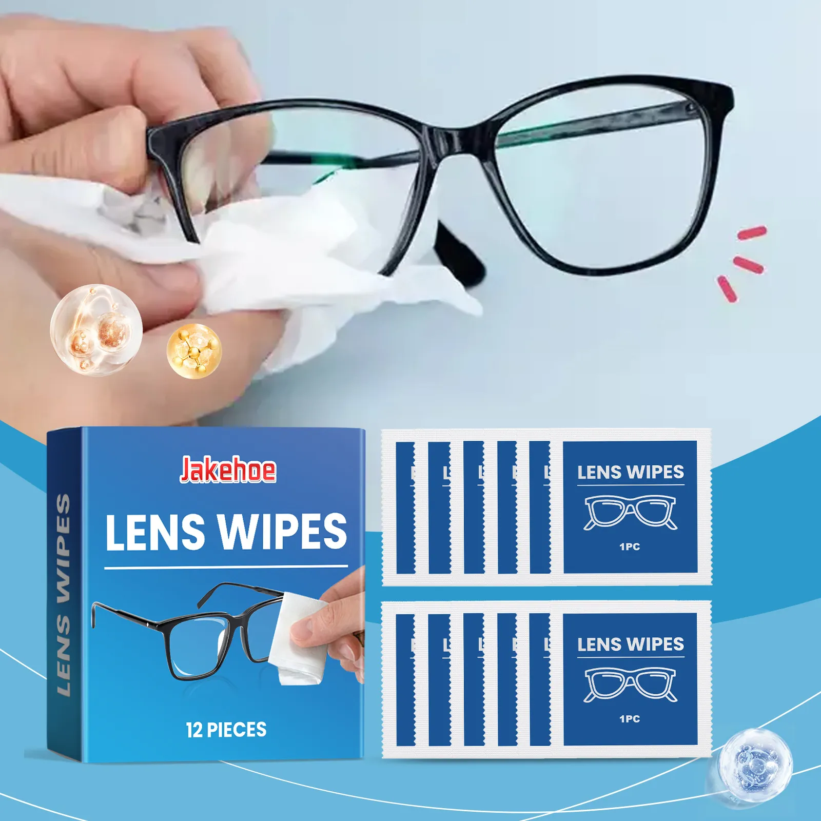Lingettes pour Lentilles Jetables Jakehoe Tissus de Nettoyage de Lunettes Pré-Humidifiés pour Lunettes Écrans Caméras Lingettes de Voyage Portables Séchage Rapide